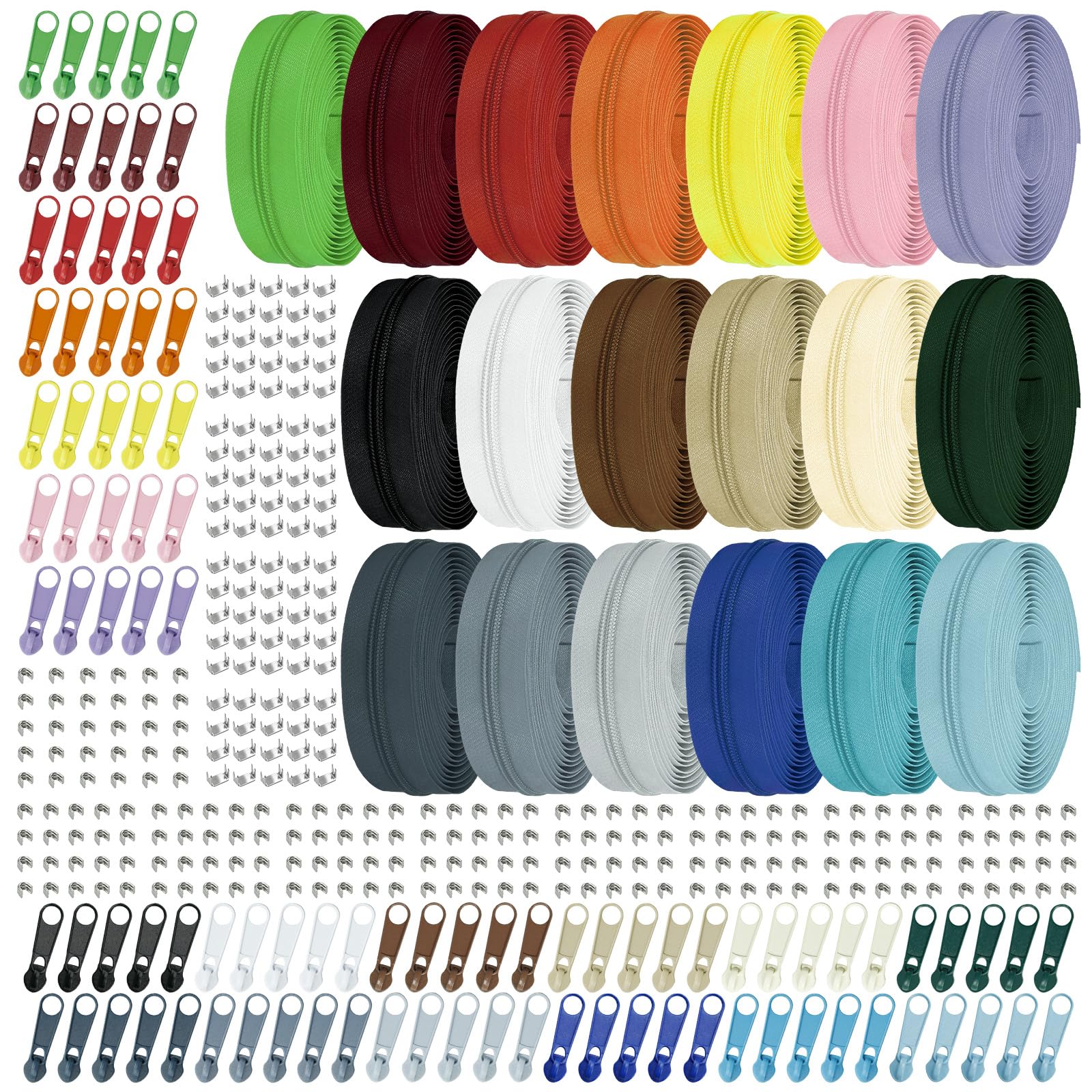The Yard Colors - Nastro per cerniera in nylon #3 per cucito: cerniere YZSFIRM da 70 m per fai da te, cucito, rotolo di ricambio con 10 cursori per cerniera in metallo sfuso - 10 cursori a doppia