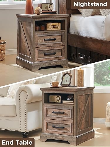 Miniatura 7 de ACCOHOHO Juego de 2 mesitas de noche de granja de 18 pulgadas con estación de carga, mesa auxiliar con 2 cajones de almacenamiento, mesa auxiliar,