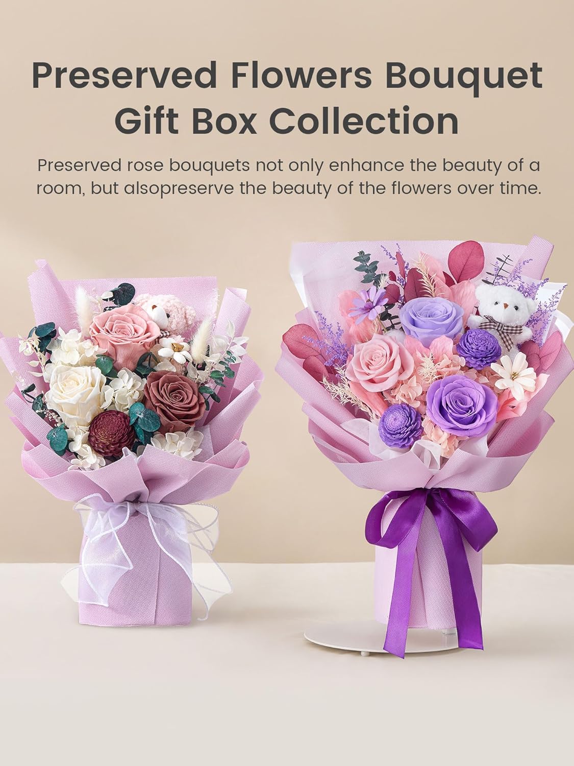 Polylove Preserved Flowers for Delivery Prime Forever Flowers Bouquet with Bear Flower Gift for Wife Women Birthday Mother Day Gift - Image 6