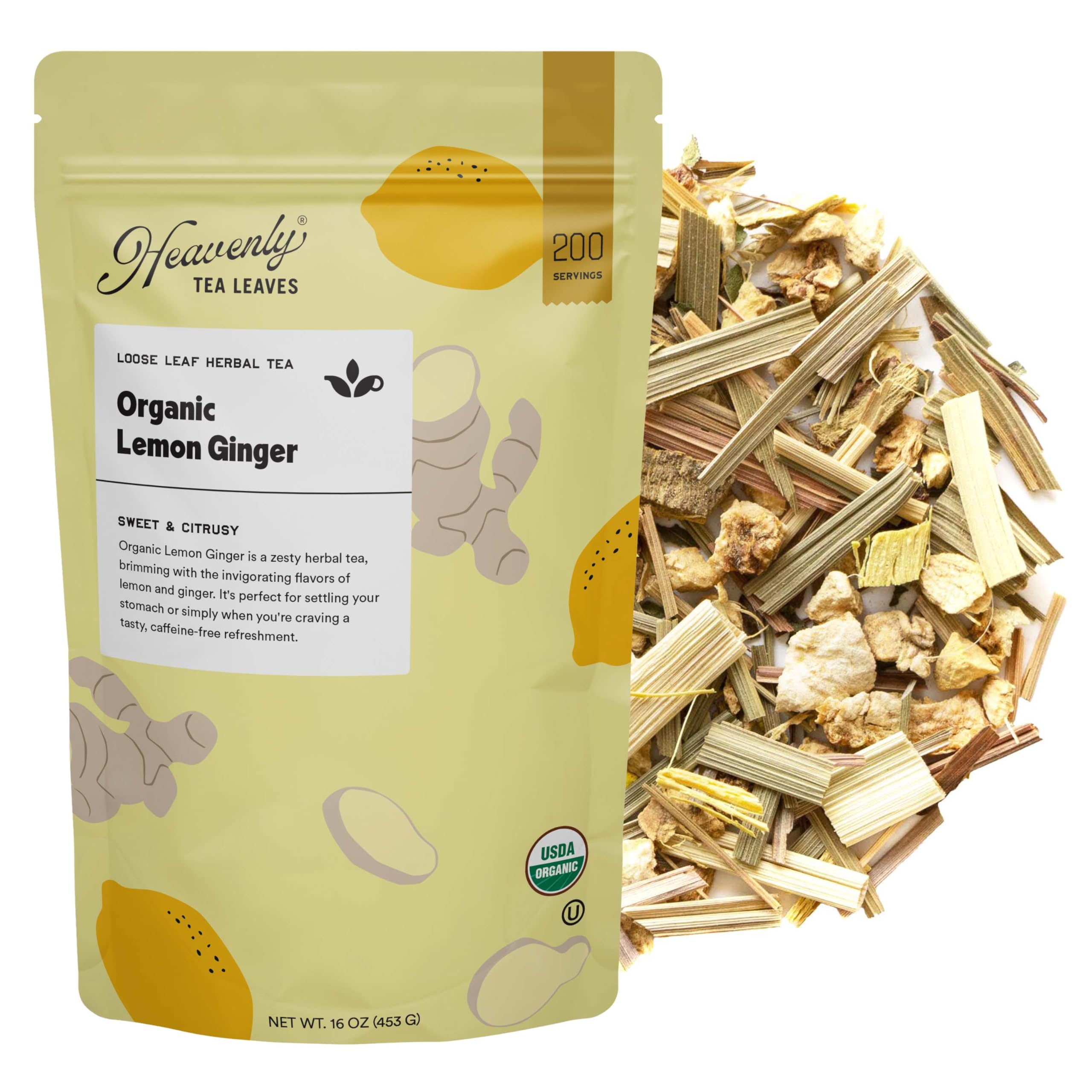 Heavenly Tea Leaves Organic Lemon Ginger, Bulk Loose Leaf Herbal Tea, 16 Oz