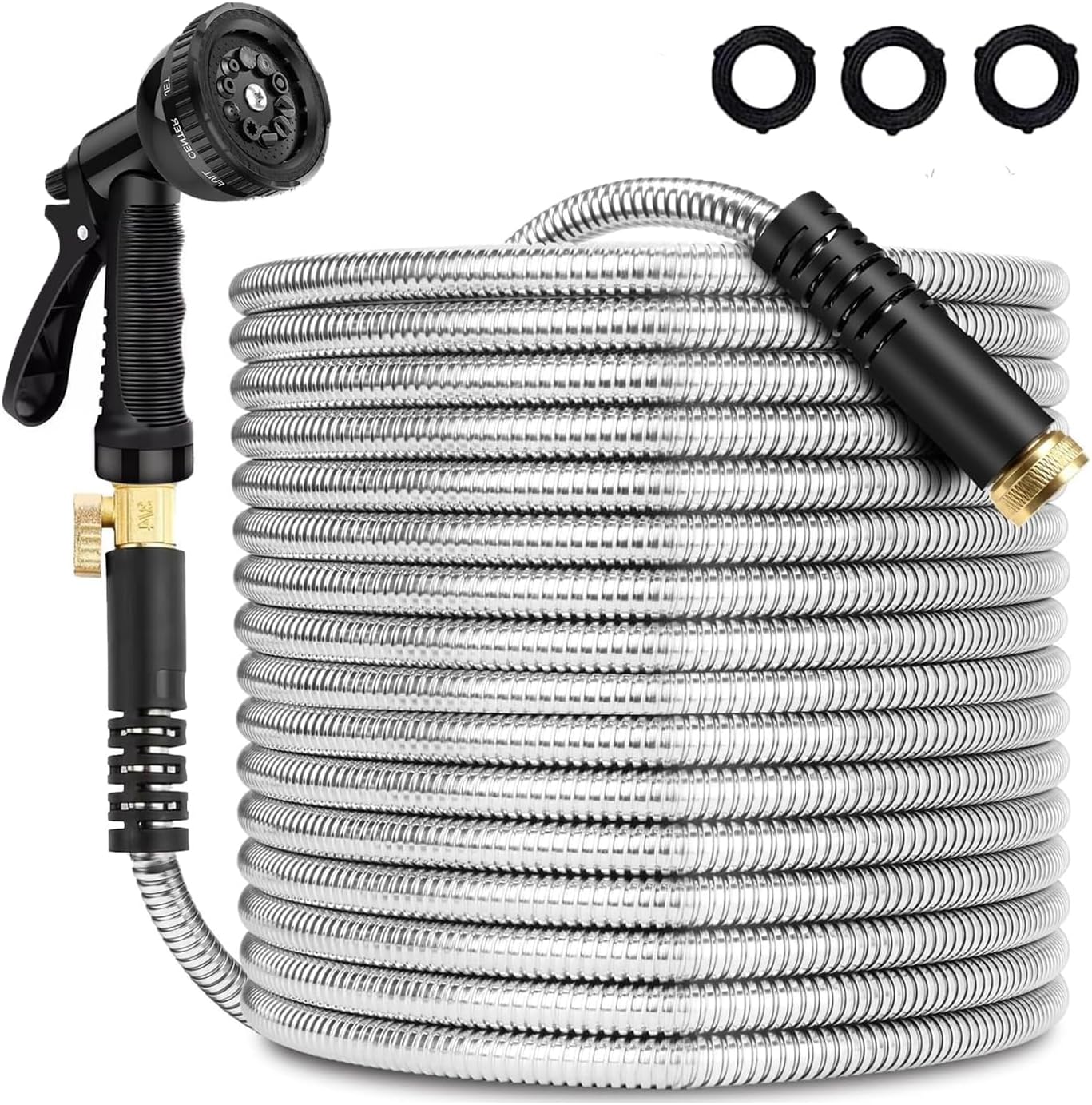 Stainless Steel Metal Garden Hose 25 FT,No Kink Garden Water Hose with 10 Pattern Spray Nozzle for Yard, Outdoor,Flexible,Never Kink & Tangle, Puncture Resistant,Black