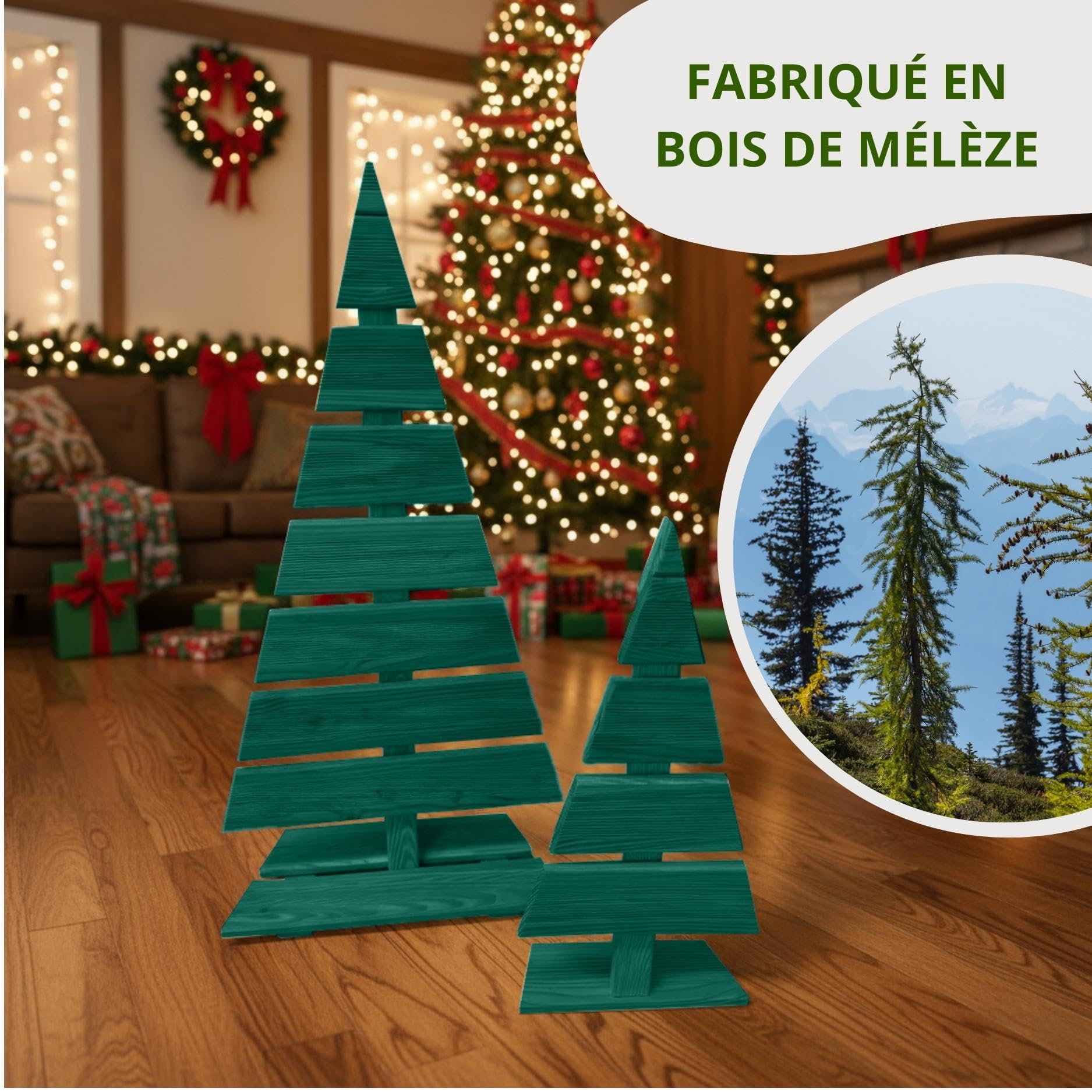 Floranica Sapin de Noël en Bois Naturel 90x45cm Décoration d'intérieur et d'extérieur Grand Sapin en Bois de mélèze Fait à la Main, Vert