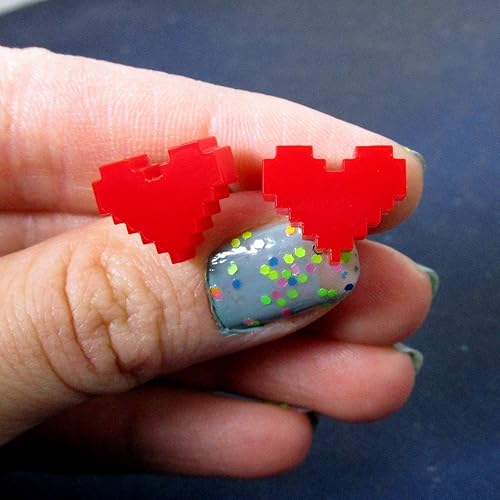 Miniatura 8 de Aretes gruesos de corazón de píxeles rojos grandes con postes de titanio hipoalergénicos sin níquel, retro videojuego Life Bar Gamer Studs San