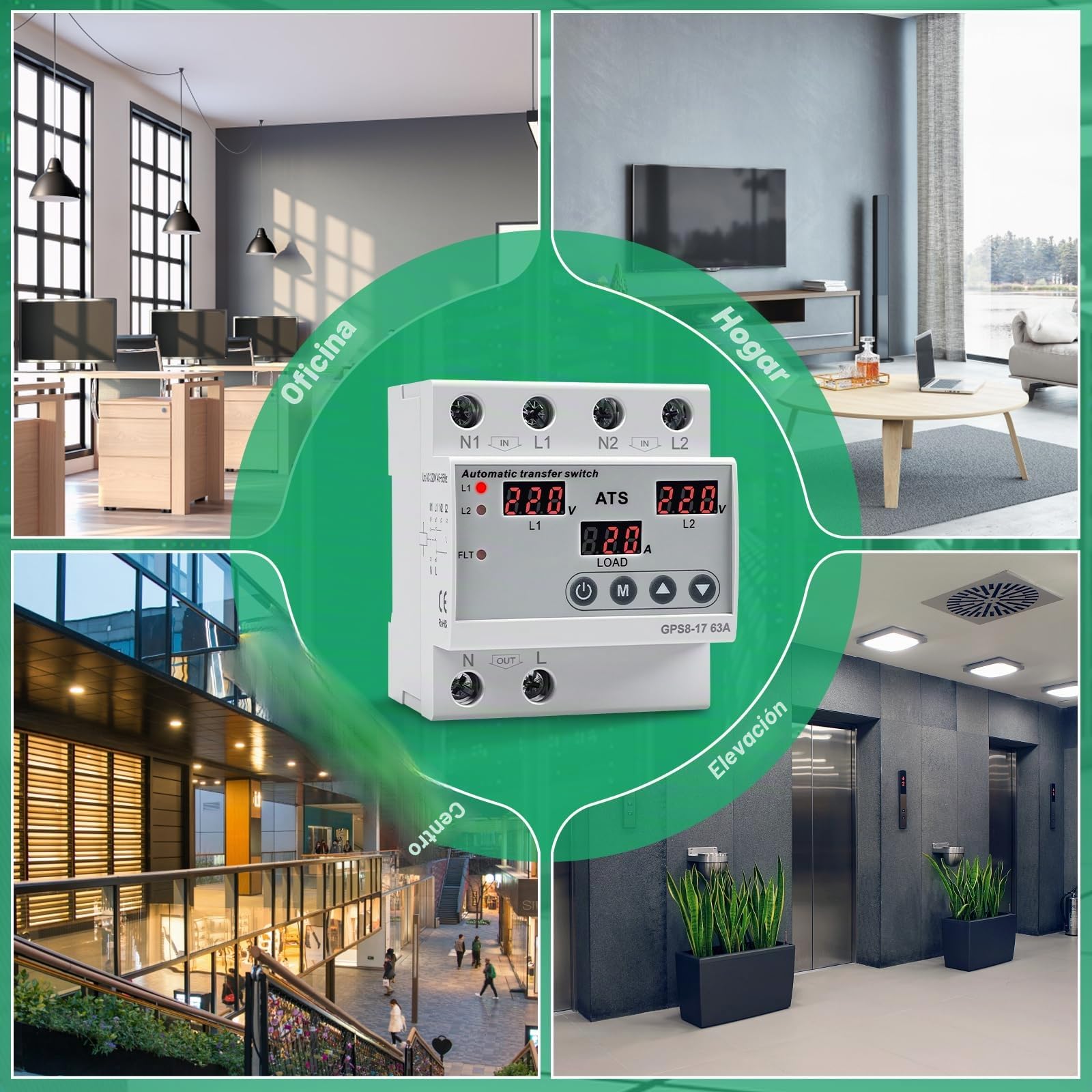 Jadeshay Interruptor de Transferencia Automática, 2P 63A 220V ATS Conmutador Automático Doble Fuente LCD Digital de Voltaje Corriente con Protección contra Sobretensión Subtensión para Fotovoltaico