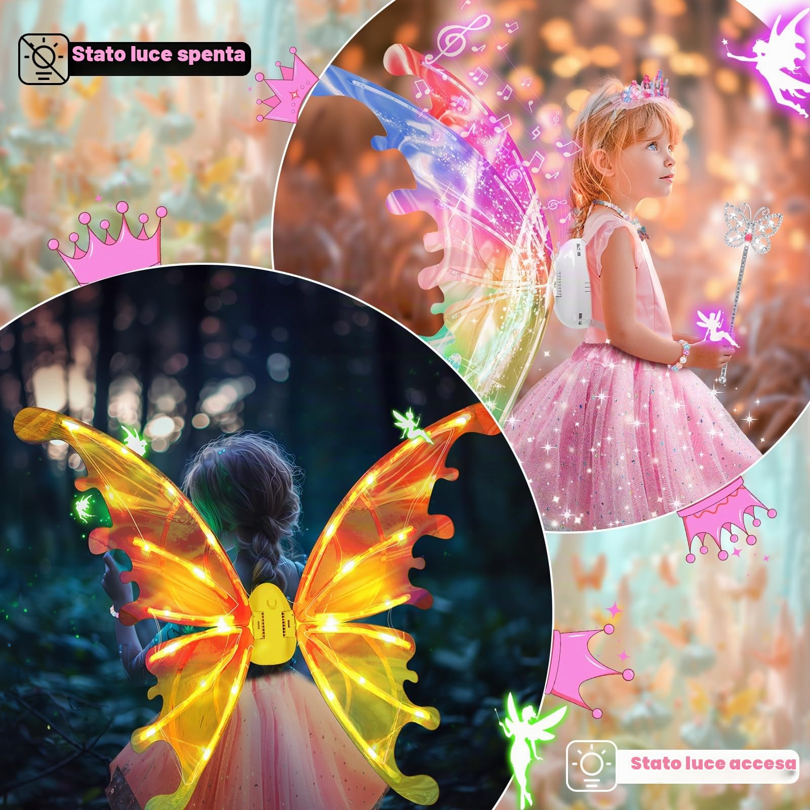 Costume da principessa con ali di fata elettrica per ragazze,ali di farfalla in movimento con luci LED&musica, costume da principessa con corona/bacchetta/braccialetti e collane/giocattolo per bambini