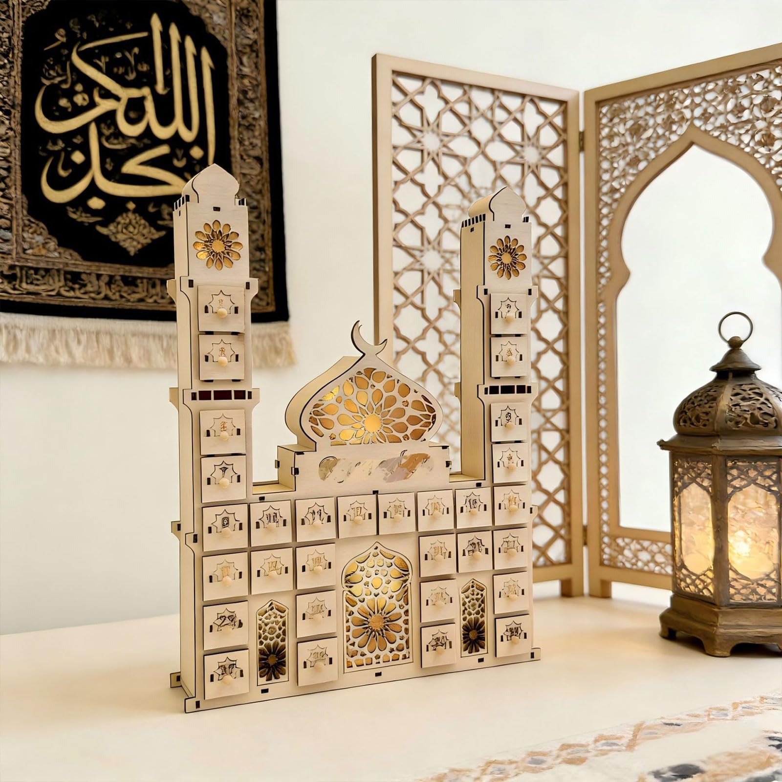 ordinarYone Calendario per conto alla rovescia dei castelli del Ramadan, con luce a LED e 30 cassetti, in legno, decorazioni per l'avvento per feste islamiche