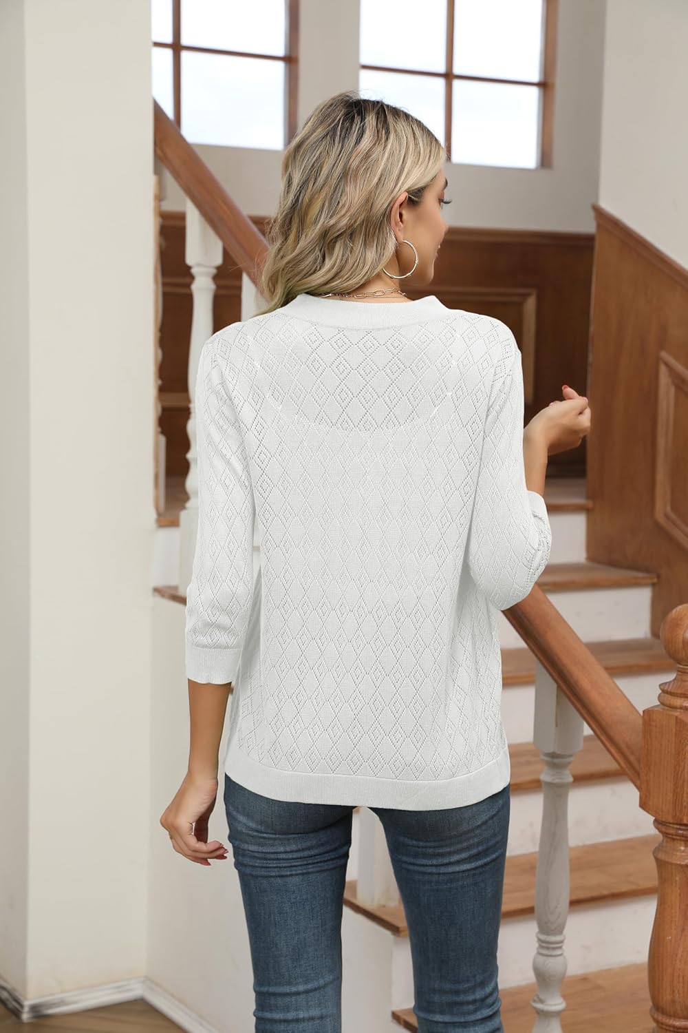 Bettysays Women's Sweater Shrug Cropped Jacket Hollow Out Lightweight Knit Bolero Cardigan (X-Large,White) - Image 2