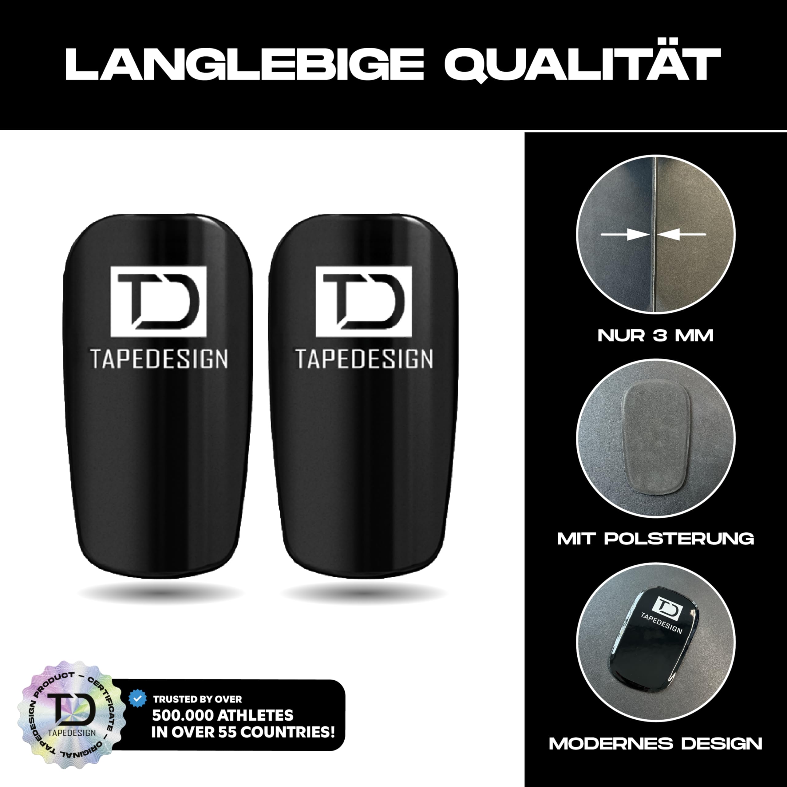 TAPEDESIGN – Ochraniacze piszczeli piłkarskie męskie czarne – ultralekkie, elastyczne i antypoślizgowe – indywidualnie dopasowane ochraniacze na golenie – mini ochraniacze piszczeli, dzieci i