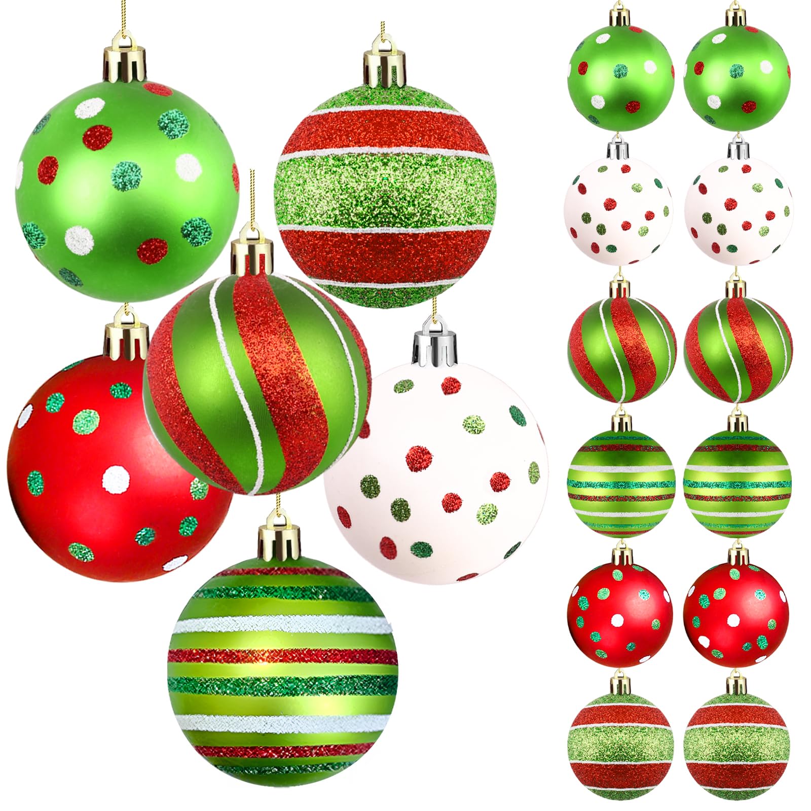 duludulu 12pcs Christmas Tree Baubles, 6 CM/2.4 Inch Hanging Christmas Balls Ornaments Glittering Red, Green and White Xmas Baubles Shatterproof Balls with Strings for Xmas Tree Decorations