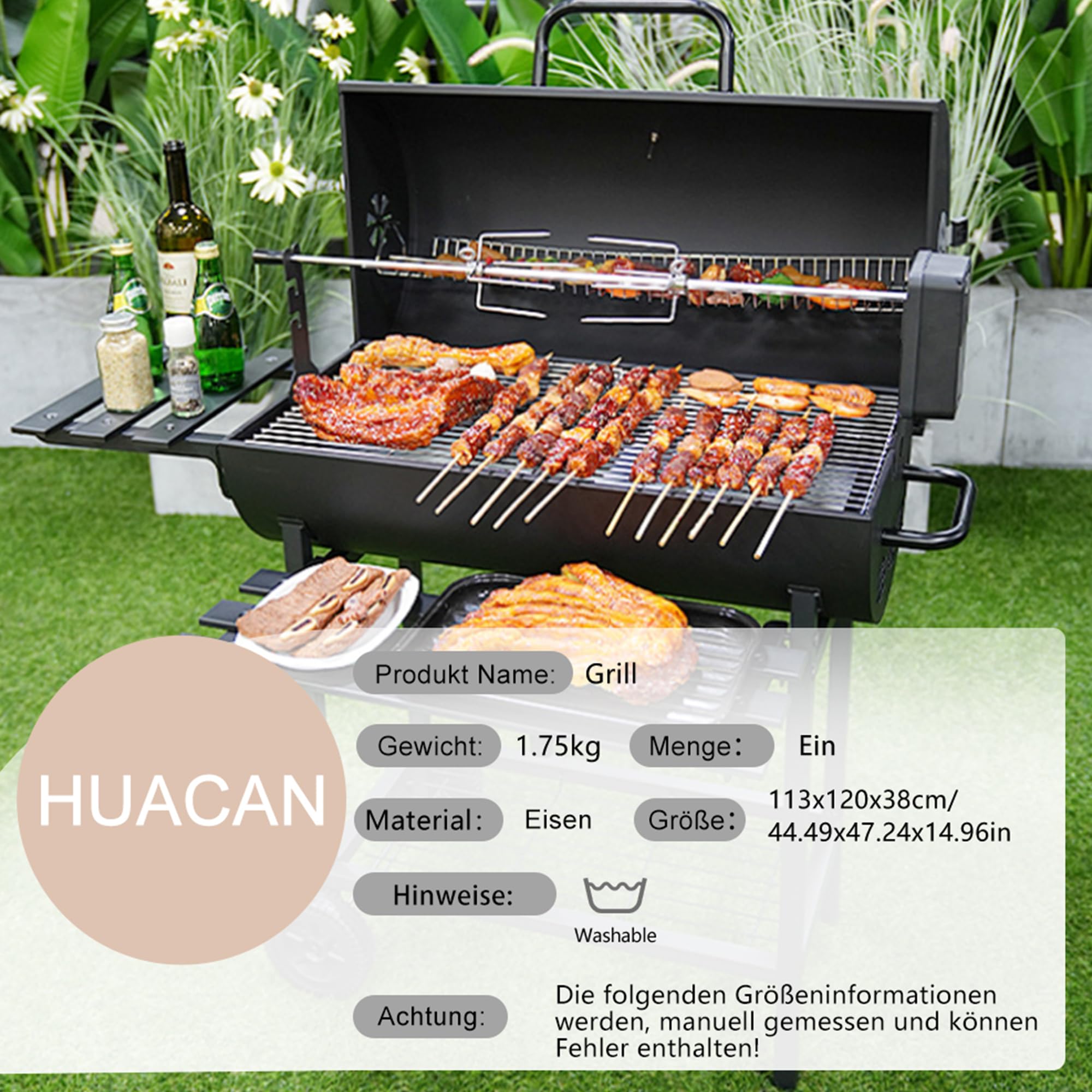 Huacan Holzkohlegrill Groß mit Deckel und Gusseisen Grillrost, Edelstahl Kohlegrill Wagen mit 2 Holzplattenhalter, Rädern und Heißschutzgriff. Grillofen für Garten, Terrasse, Camping 112 * 63 * 97CM