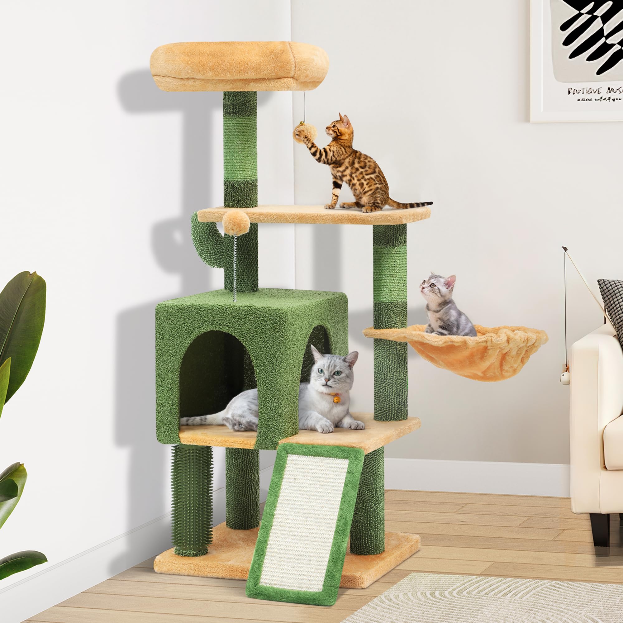 YITAHOME 44.5in Tall Cactus Cat Tree Tower with Self-Grooming Brush, Cute Cat Climbing Tower for Indoor Cats with Cat Condo, Plush Platform, Hammock, Sisal Scratching Posts, Dangling Ball