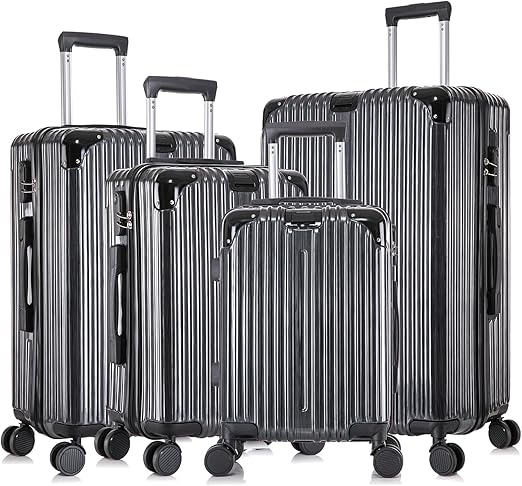 Apelila 4-Piece Vertical Stripe Luggage Set with TSA Lock, ABS+PC Hardshell Suitcase (16" 20" 24" 28") – Lightweight Spinner Wheel Carry-On & Checked Luggage (Bright Black)