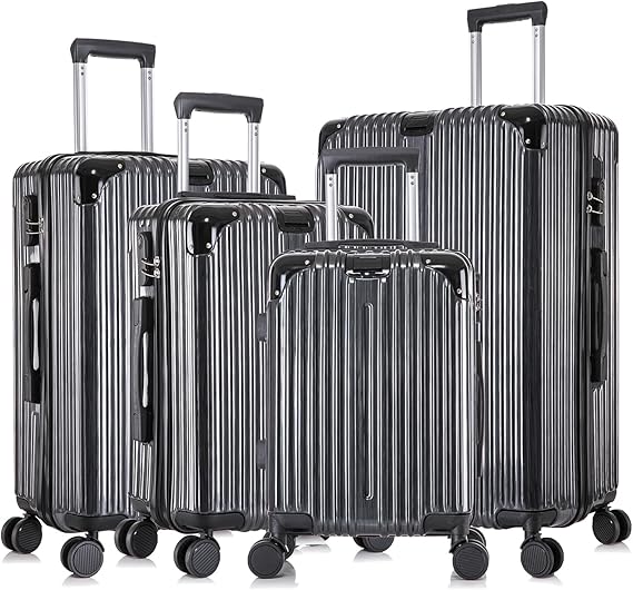 Apelila 4-Piece Vertical Stripe Luggage Set with TSA Lock, ABS+PC Hardshell Suitcase (16" 20" 24" 28") – Lightweight Spinner Wheel Carry-On & Checked Luggage (Bright Black)