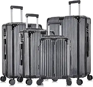 Apelila 4-Piece Vertical Stripe Luggage Set with TSA Lock, ABS+PC Hardshell Suitcase (16" 20" 24" 28") – Lightweight Spinner Wheel Carry-On & Checked Luggage (Bright Black)