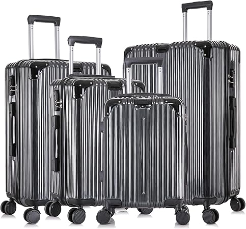 Apelila 4-Piece Vertical Stripe Luggage Set with TSA Lock, ABS+PC Hardshell Suitcase (16" 20" 24" 28") – Lightweight Spinner Wheel Carry-On & Checked Luggage (Bright Black)