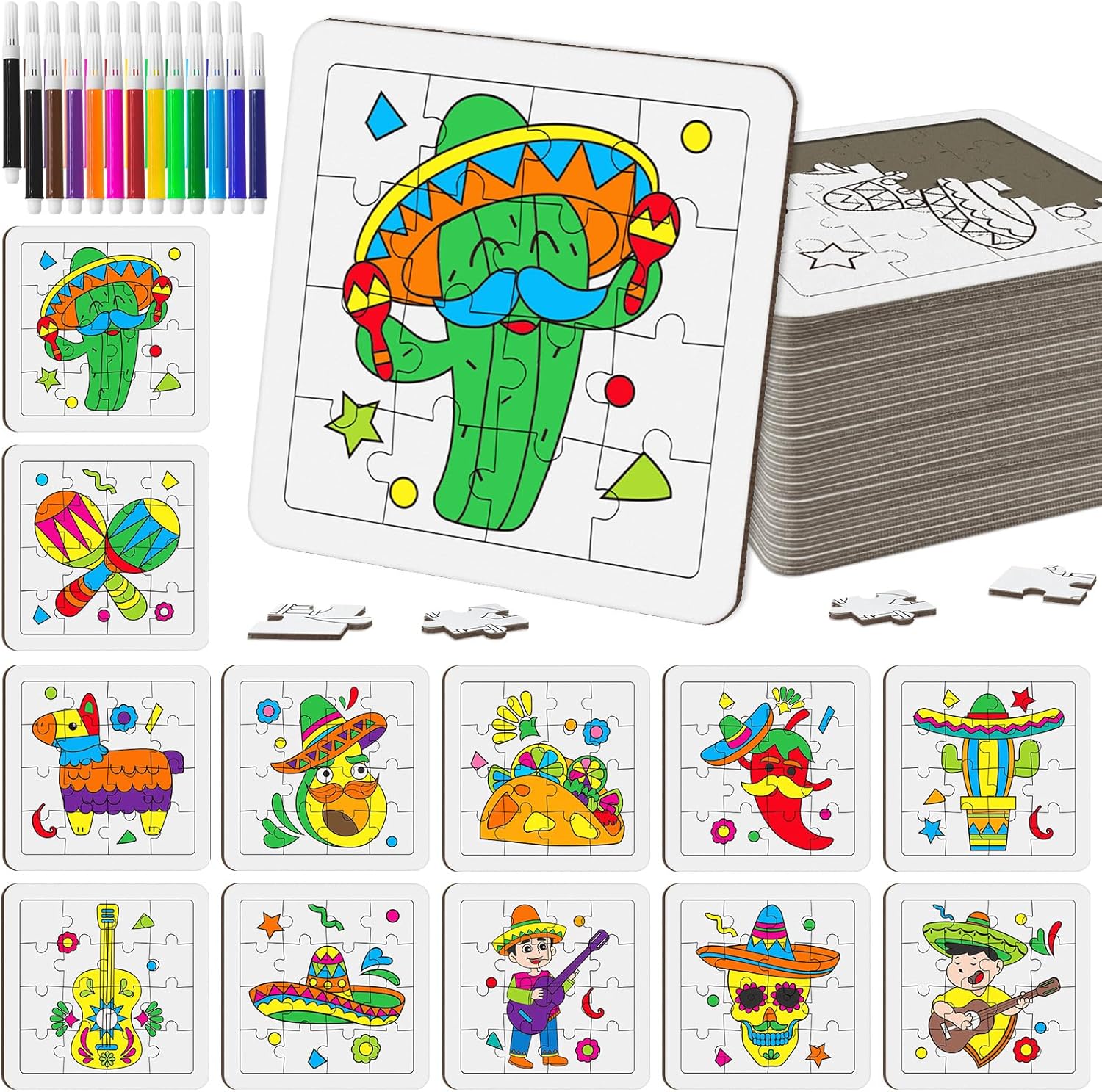 Cinrobiye 24 Pcs Mexican Coloring Jigsaw Puzzles Bulk DIY Mexico Carnival Puzzle Crafts with Color Pens Fiesta Mexican Gift for Holiday School Art Project Game Prizes Cinco De Mayo Party Favor Decors