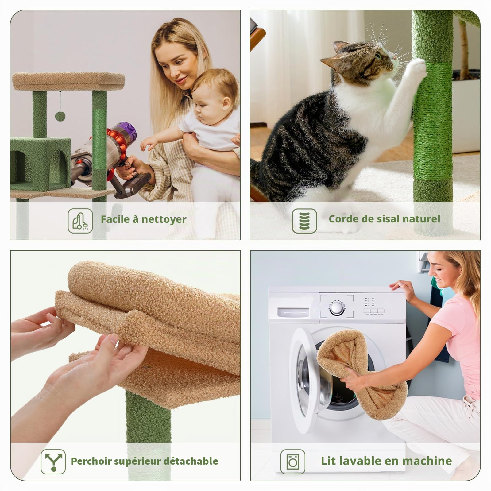 PAWZ Road Arbre a Chat Cactus 143 cm avec Hamac, Griffoirs et Niche, Vert