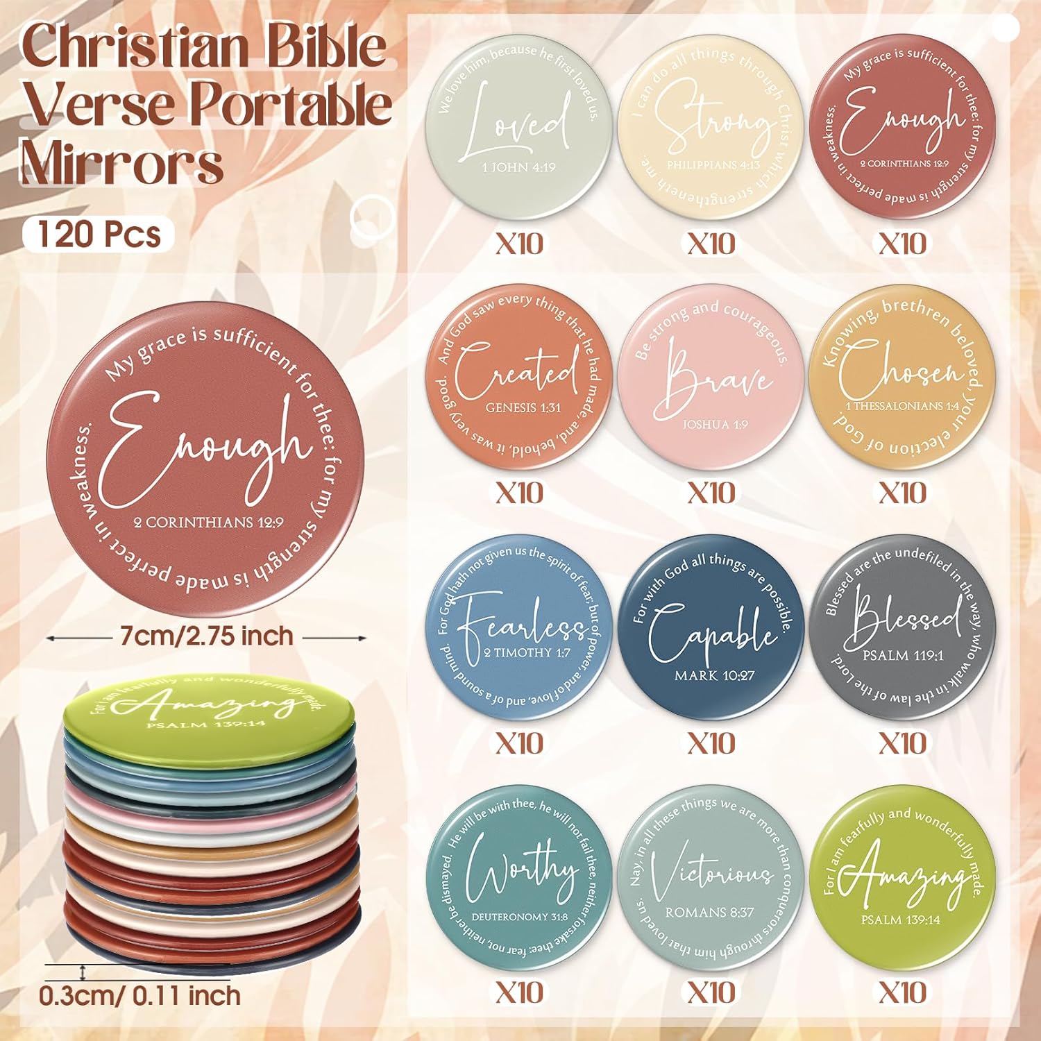 Geelin 120 Pcs Christian Mini Compact Mirrors for Purse Bible Verse Scripture Portable Mirrors Bulk Small Thank You Valentine Gift for Sunday School Women Teacher Coworker Employee Staff (Morandi) - Image 2