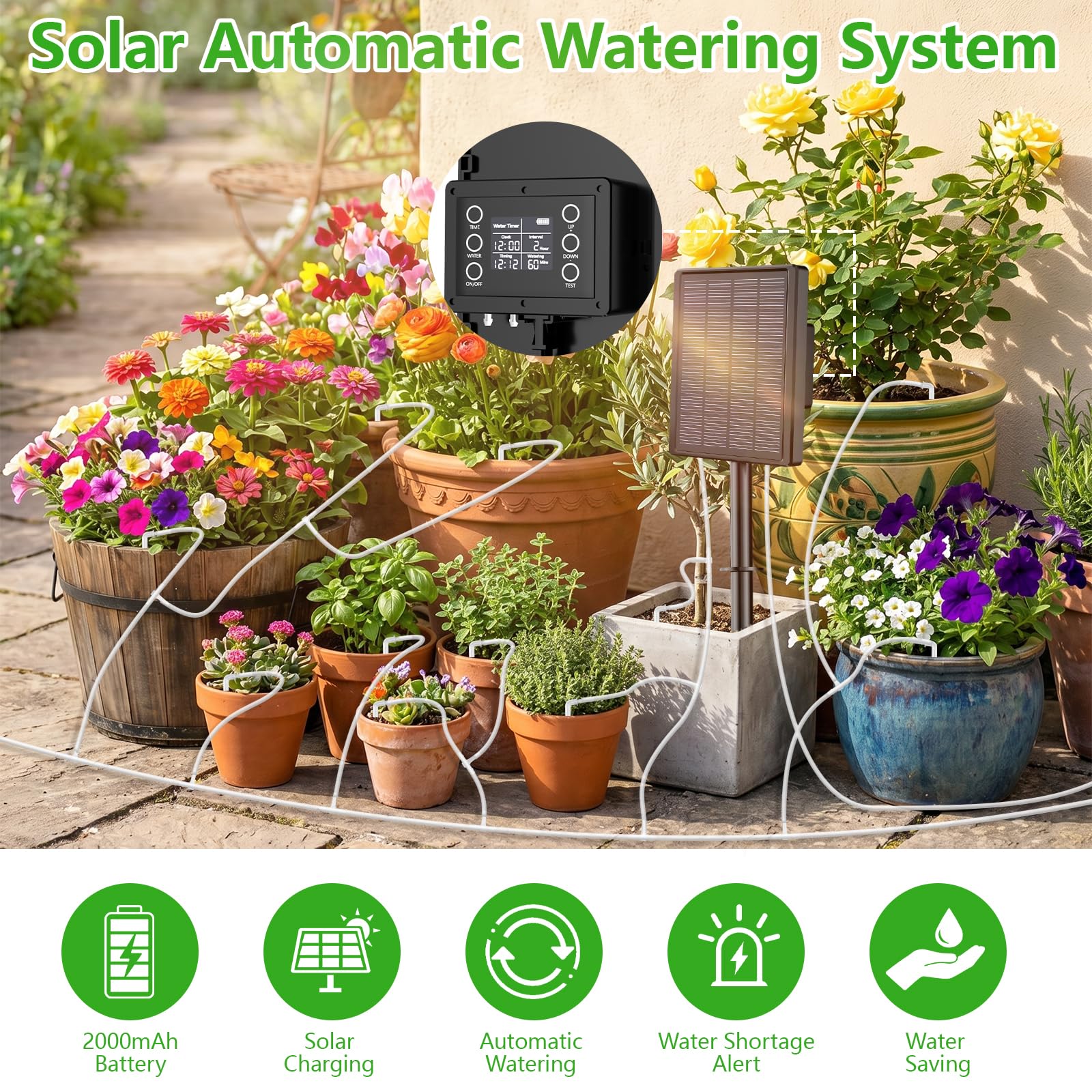 Sistema de Riego Solar para Jardín,Kit de Riego por Goteo con 20 Goteros,2200mAh Nuevo Kit Riego por Goteo para Jardín Vacaciones Terrazas de Balcones Macetas Plantas,con 15m Manguera de Riego
