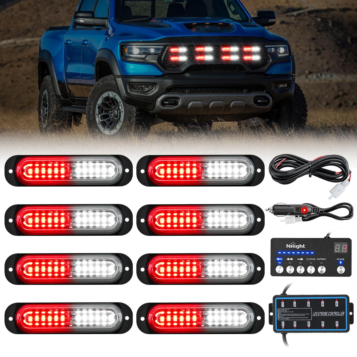 Nilight 8PCS Led Strobe Lights with Controller 12V 24V Sync Red White