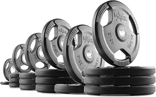 Miniatura 17 de XMARK TRI-GRIP - Par o juego de discos de peso olímpicos, pesas de ejercicio con revestimiento de goma para barra olímpica, juego de pesas de 01)