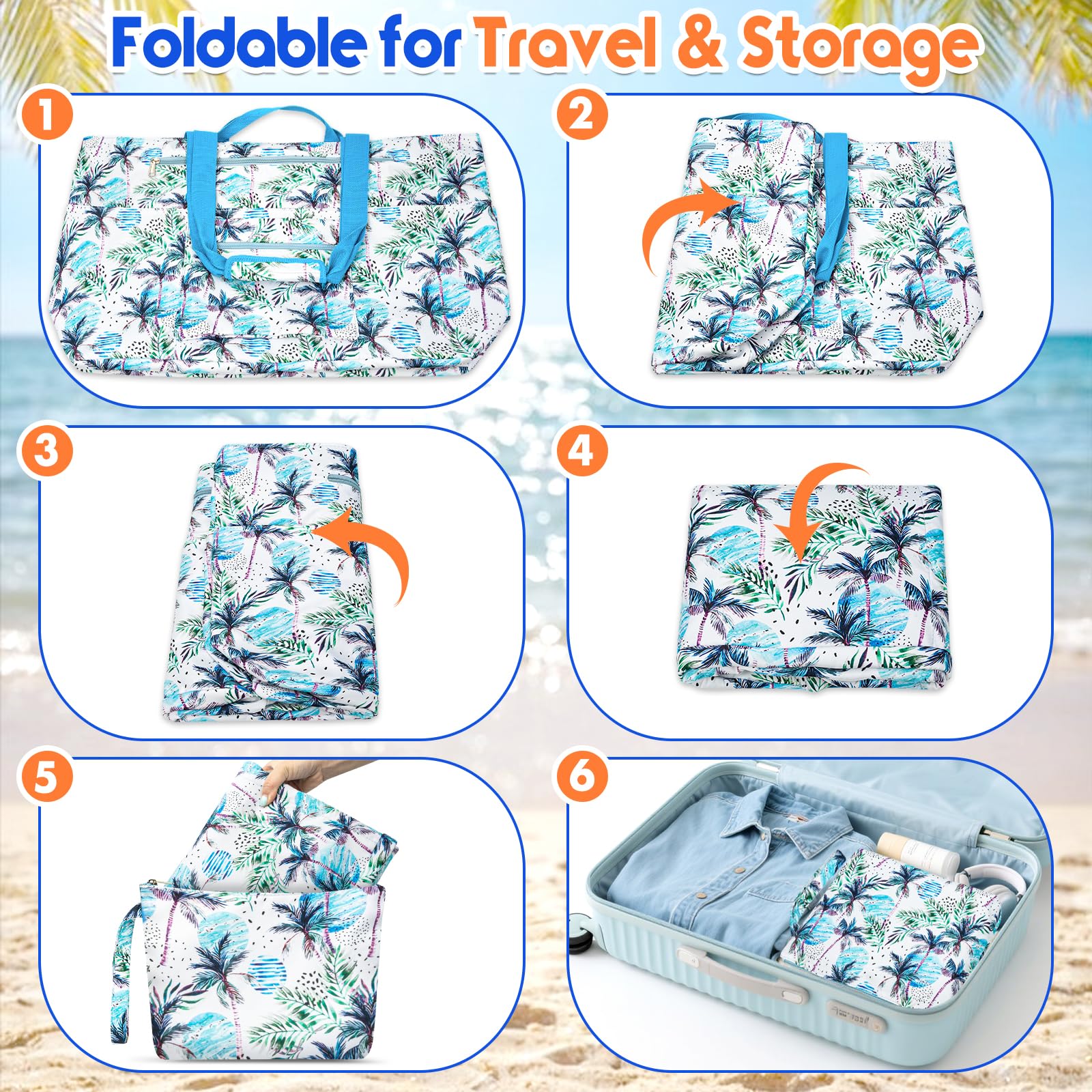 Grande Sac de Plage XXL Famille 50L Imperméable Sac de Voyage Femme avec Fermeture Éclair Pliable Sacs Cabas de Plage avec 14 Poches Beach Tote Bag Sacs a Main pour Gym Shopping