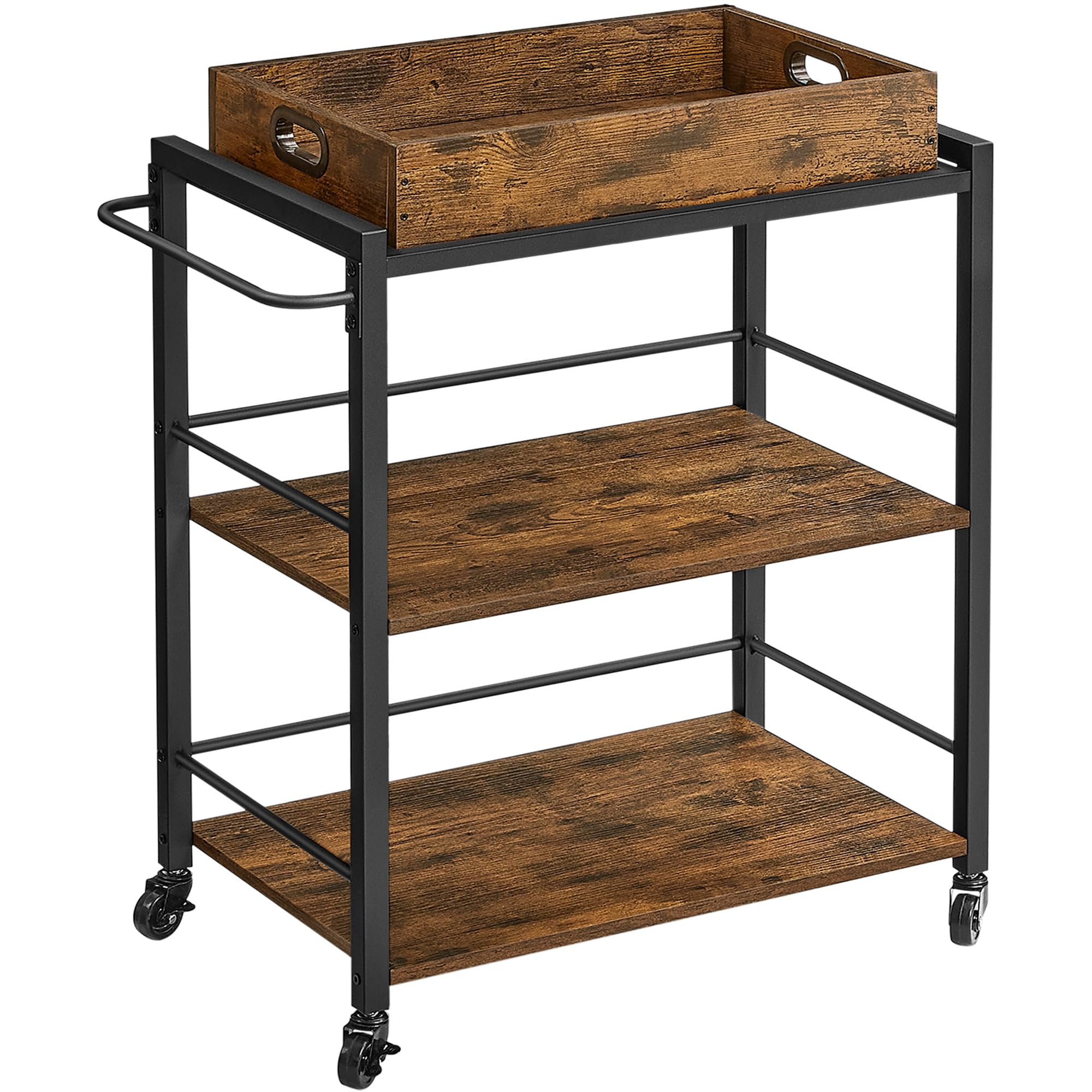 VASAGLE Carrello da Cucina con Vassoio Rimovibile, Carrello Portavivande Fisso o con Ruote, Struttura in Acciaio, Scaffale Cucina 40 x 72 x 86 cm, Marrone Vintage e Nero Inchiostro LRC72X