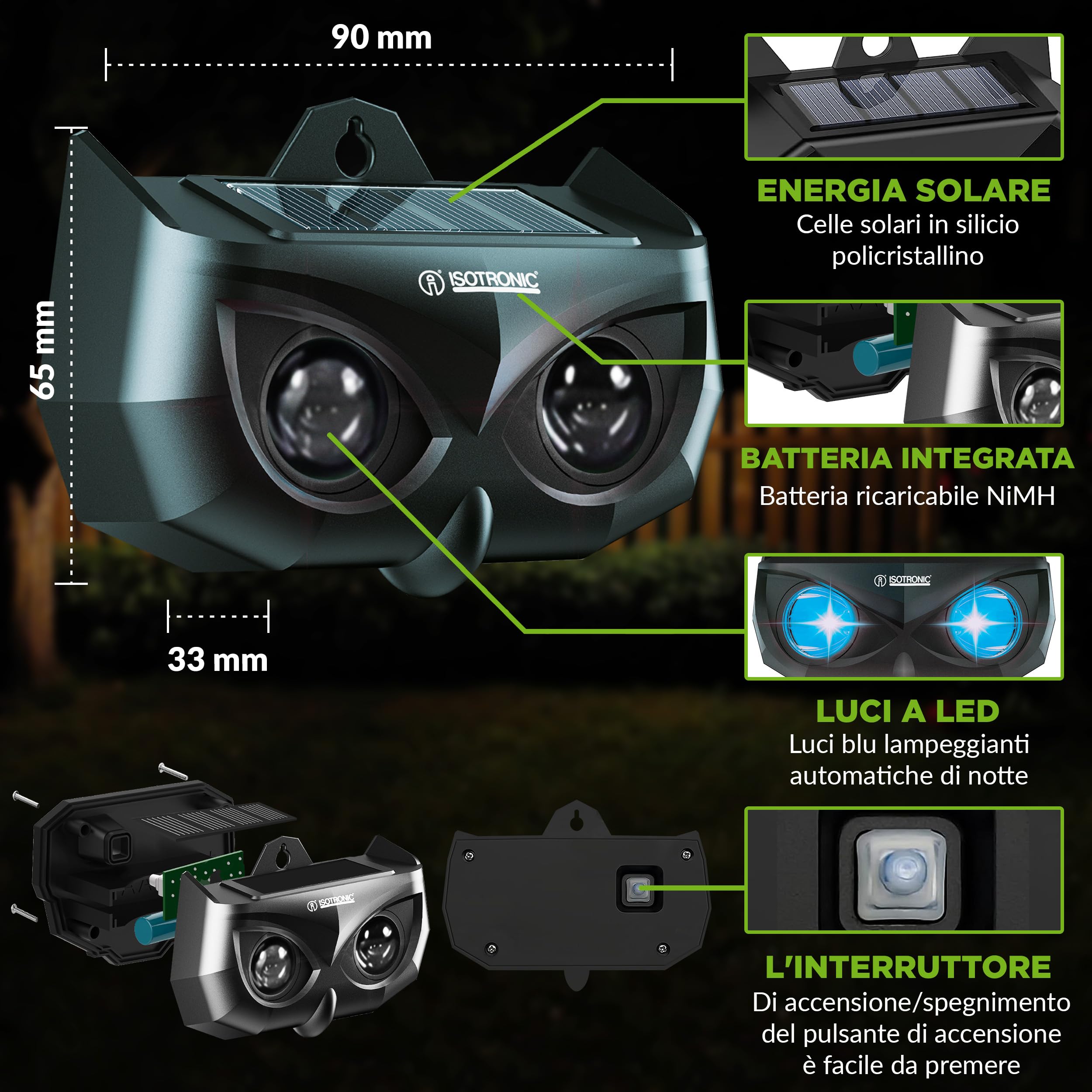 ISOTRONIC Repellente Solare Animali Selvatici LED Blu (4 Pezzi), Dissuasore per Procioni Cervi Volpi Cinghiali, Raggio d'azione 40m², Deterrente Efficace Esterno e Giardino Senza Veleni