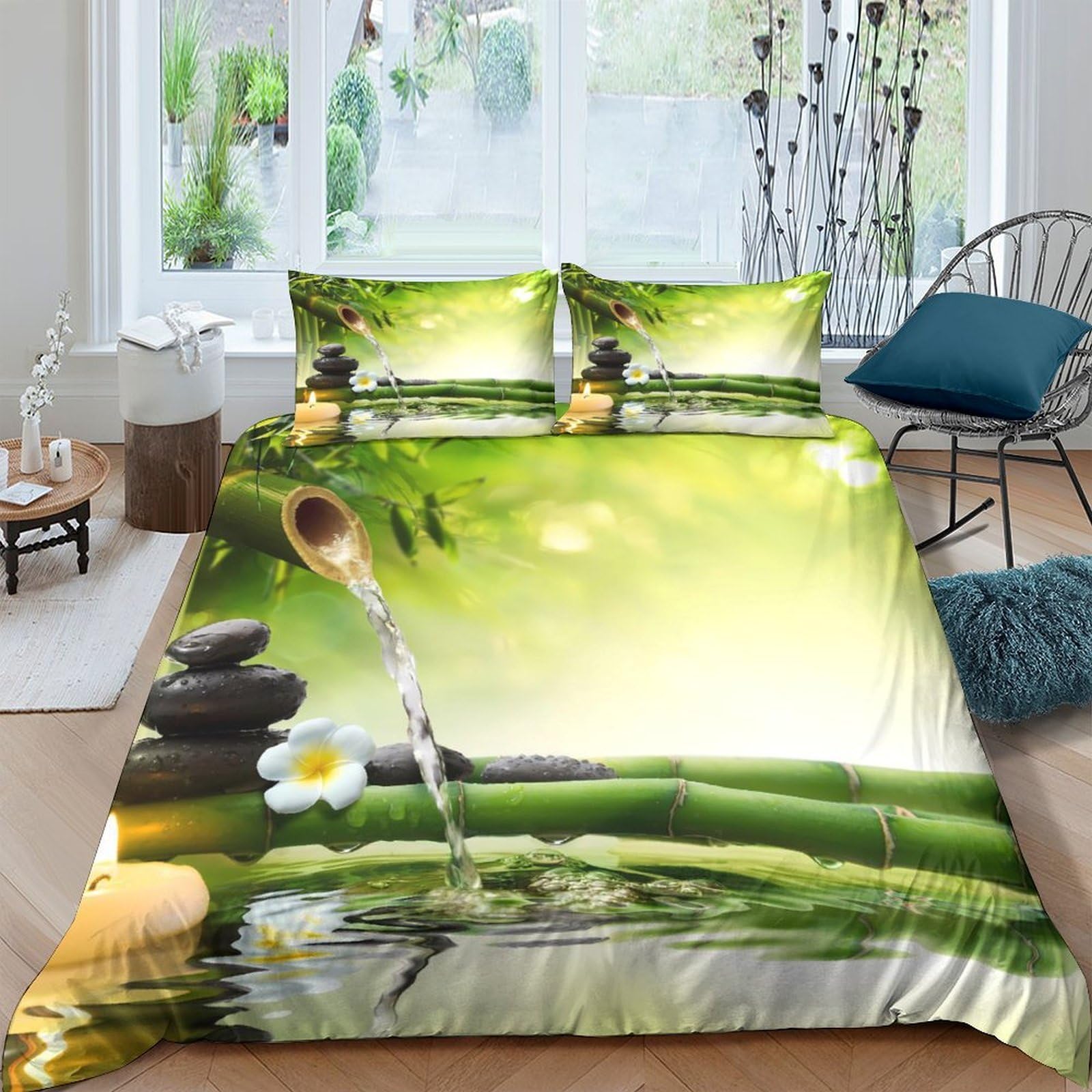 Ctjqhvkz Style-6 3D Printed Zen Bamboo Fitted Sheet Microfiber Waterfall Stones Bed Cover For Bedroom Guest Room Decor Single（135X200cm）
