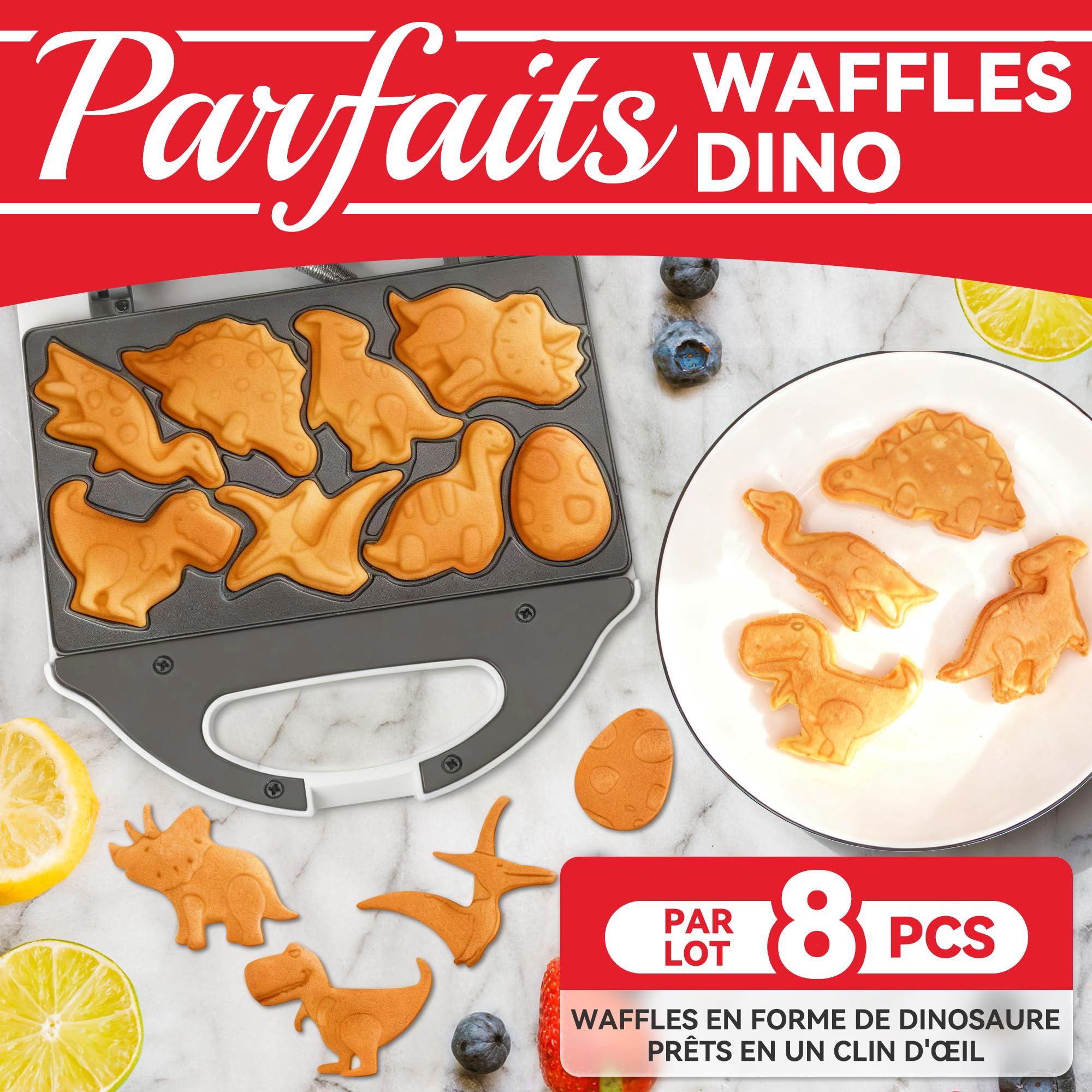 SugarWhisk Mini Gaufrier, Mini Dino Waffle Maker, Gauffrier Multifonctions avec des motifs de dinosaures, Appareil a Gauffre Mignonne, Machine a Gauffre, Créez 8 Gaufrier Dinosaures, Blanc
