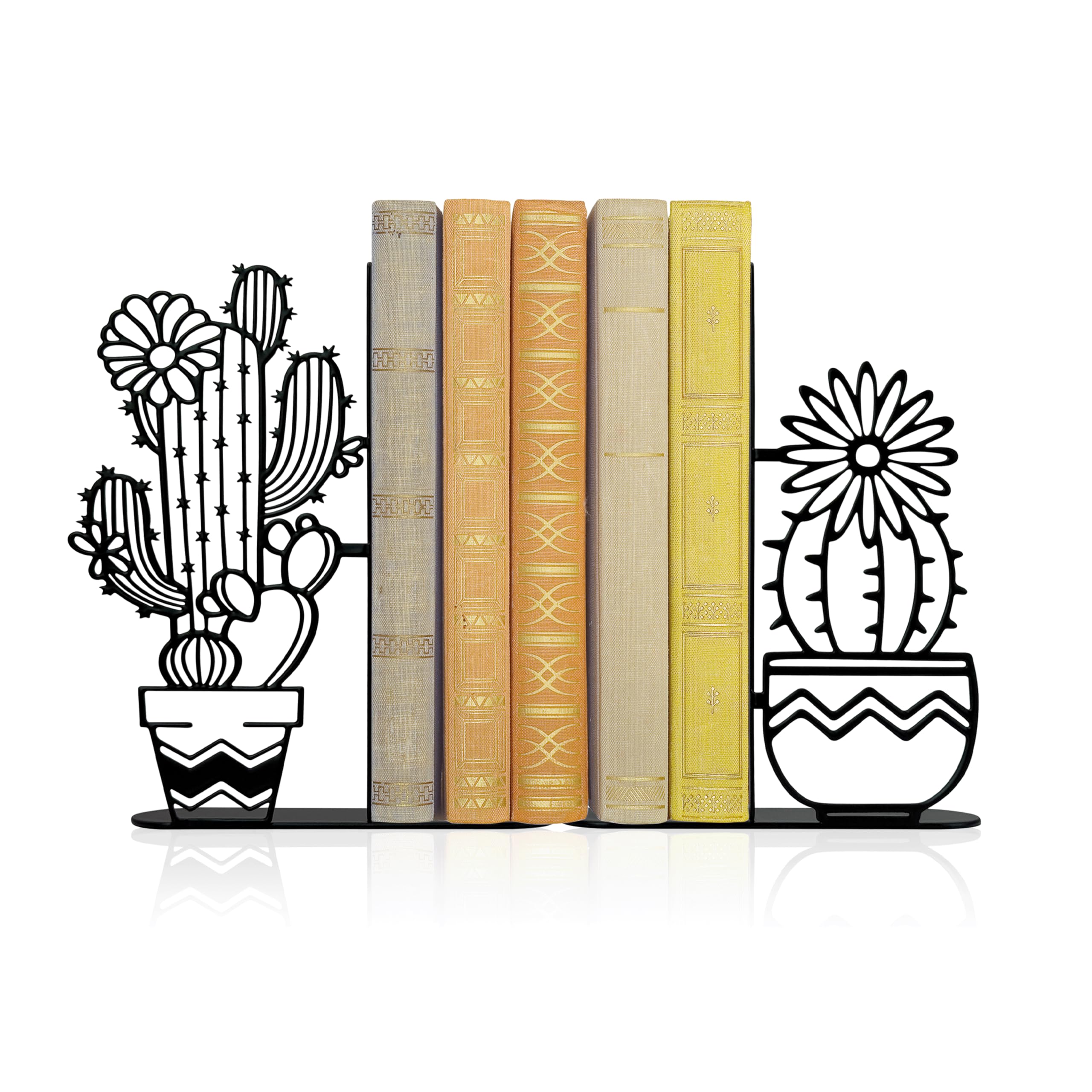 Metal Cactus Planter Book Ends, Dual Wave Pot Design Unique Cute Bookends with Rust Proof Coating, Home Office Decor & Gift for Book Lovers