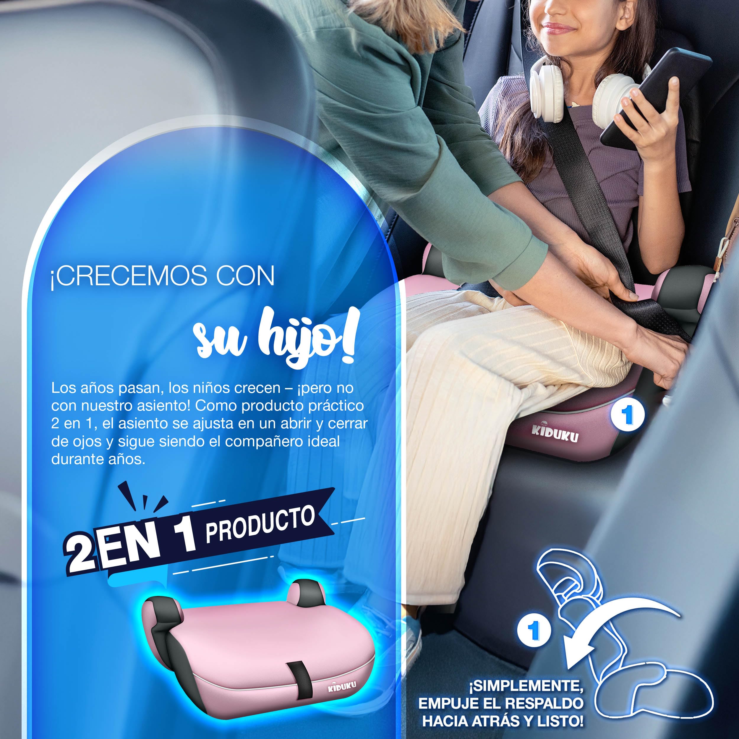 KIDUKU® Silla de coche, crece con el niño, 9 kg-36 kg (1-12 años), Grupo 1/2/3 (Gris/Rosa)