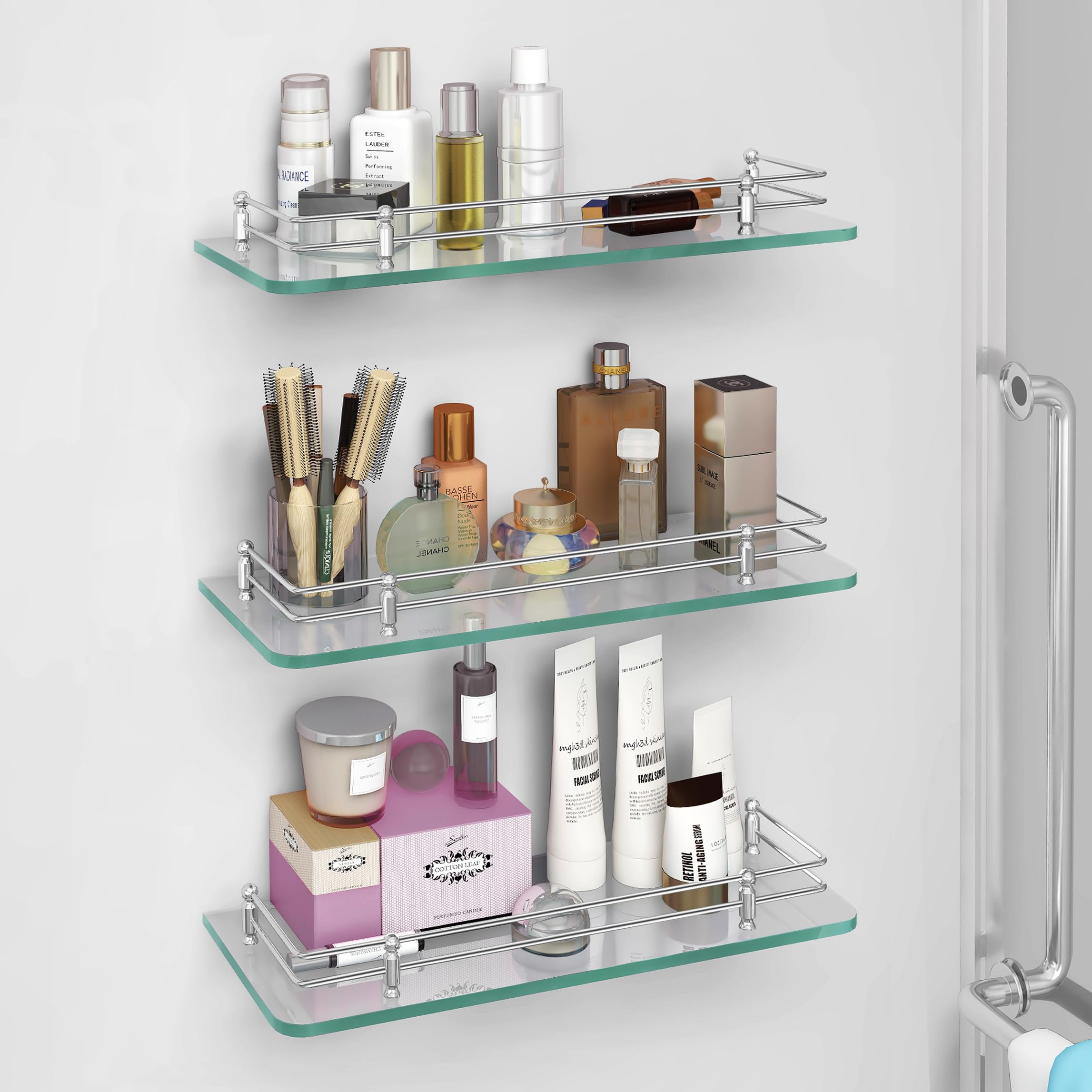 Plantex Premium Transparent Glass Shelf for Bathroom/Kitchen/Living Room - Bathroom Accessories (Polished 12x6 - Pack of 3)