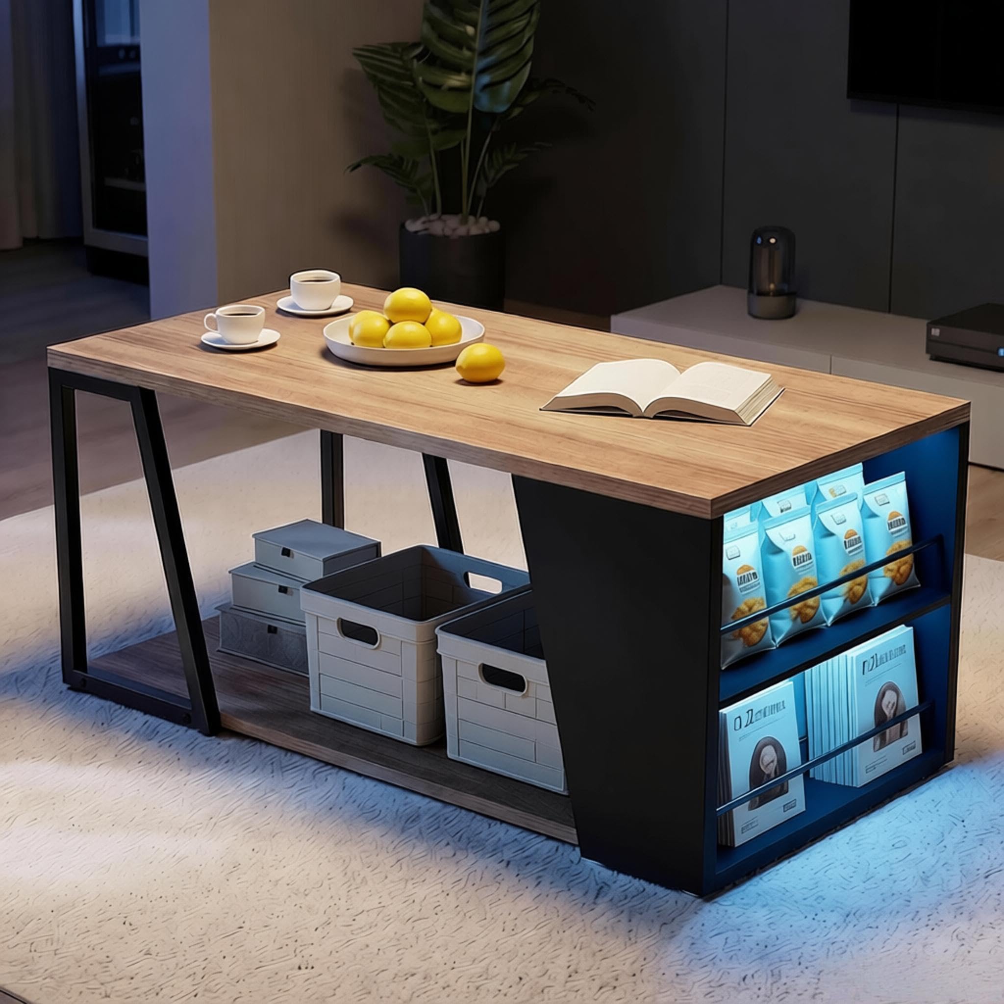 Feonase Couchtisch Rechteckig mit Stauraum Wohnzimmer, 100 cm Wohnzimmertisch, Sofatisch mit Verstellbarer LED, Beistelltisch aus Holz Metall