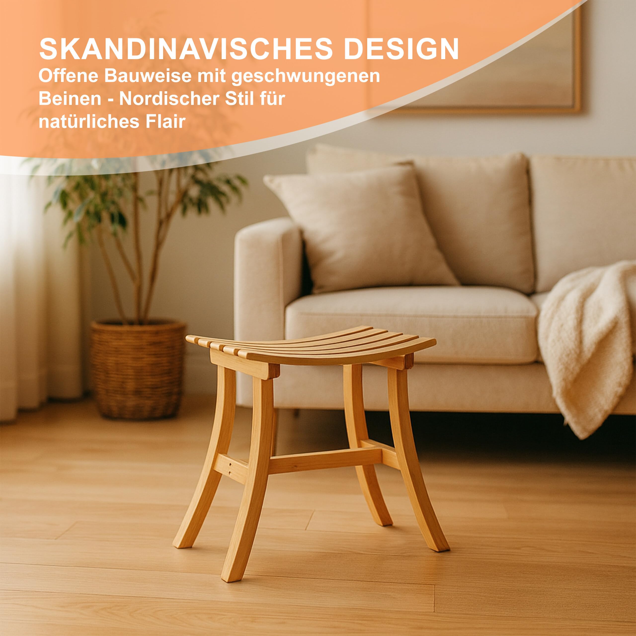 Relaxdays Hocker aus Bambus, elegant geschwungener Sitzhocker f. Garderobe, Holzhocker HxBxT: 48 x 56 x 28,5 cm, natur
