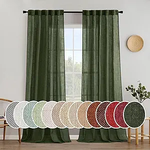 MIULEE Olive Green Linen Curtains 100 Inch Length 2 Panels for Bedroom Living Room, Soft Thick Linen Textured Window Drapes Semi Sheer Light Filtering Back Tab Rod Pocket Burlap Look Decor