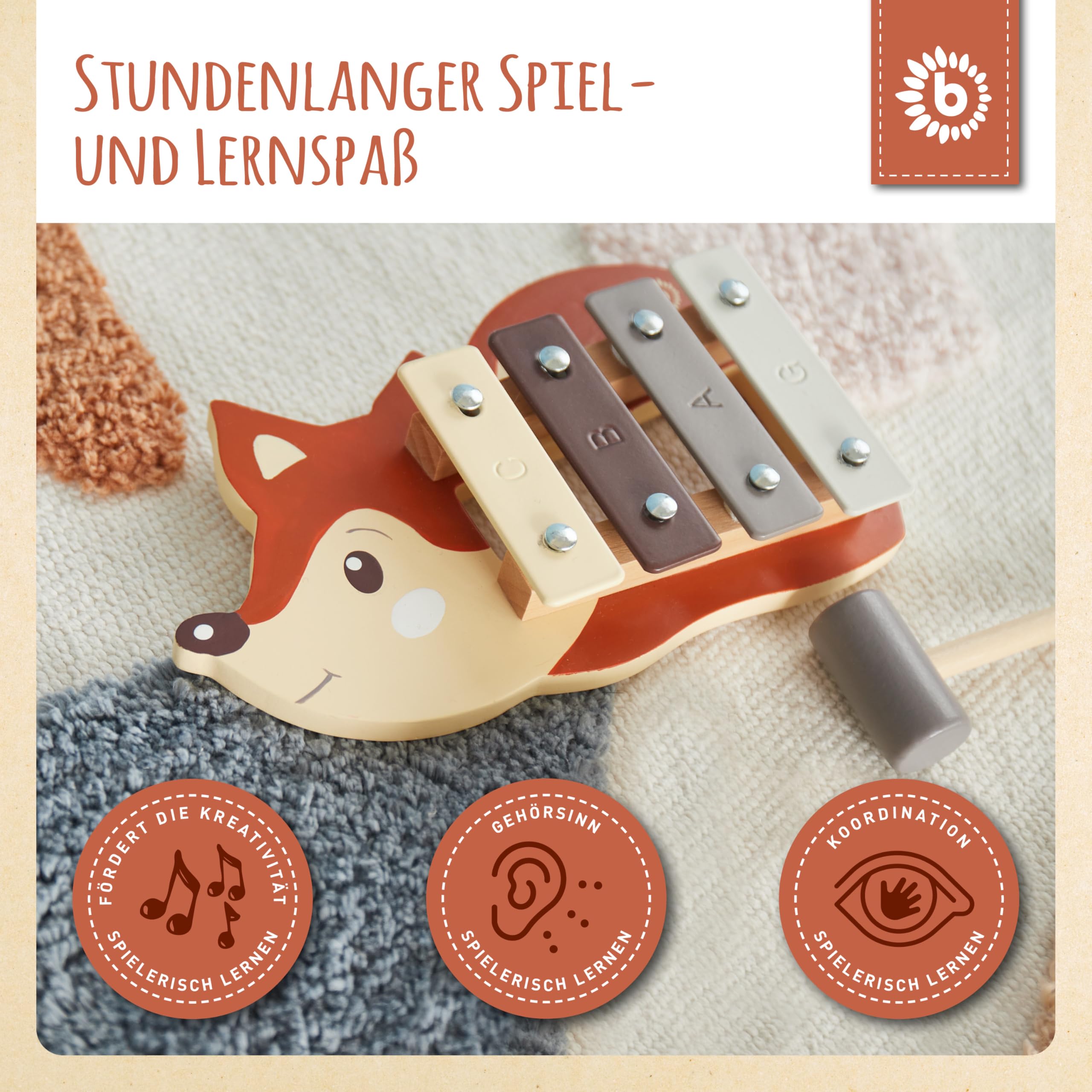 Bieco Mini Fuchs Kinder Xylophon - Baby Spielzeug Glockenspiel für Kinder ab 1 Jahr - Waldtiere Xylophon Holz - Glockenspiel Holz - 5