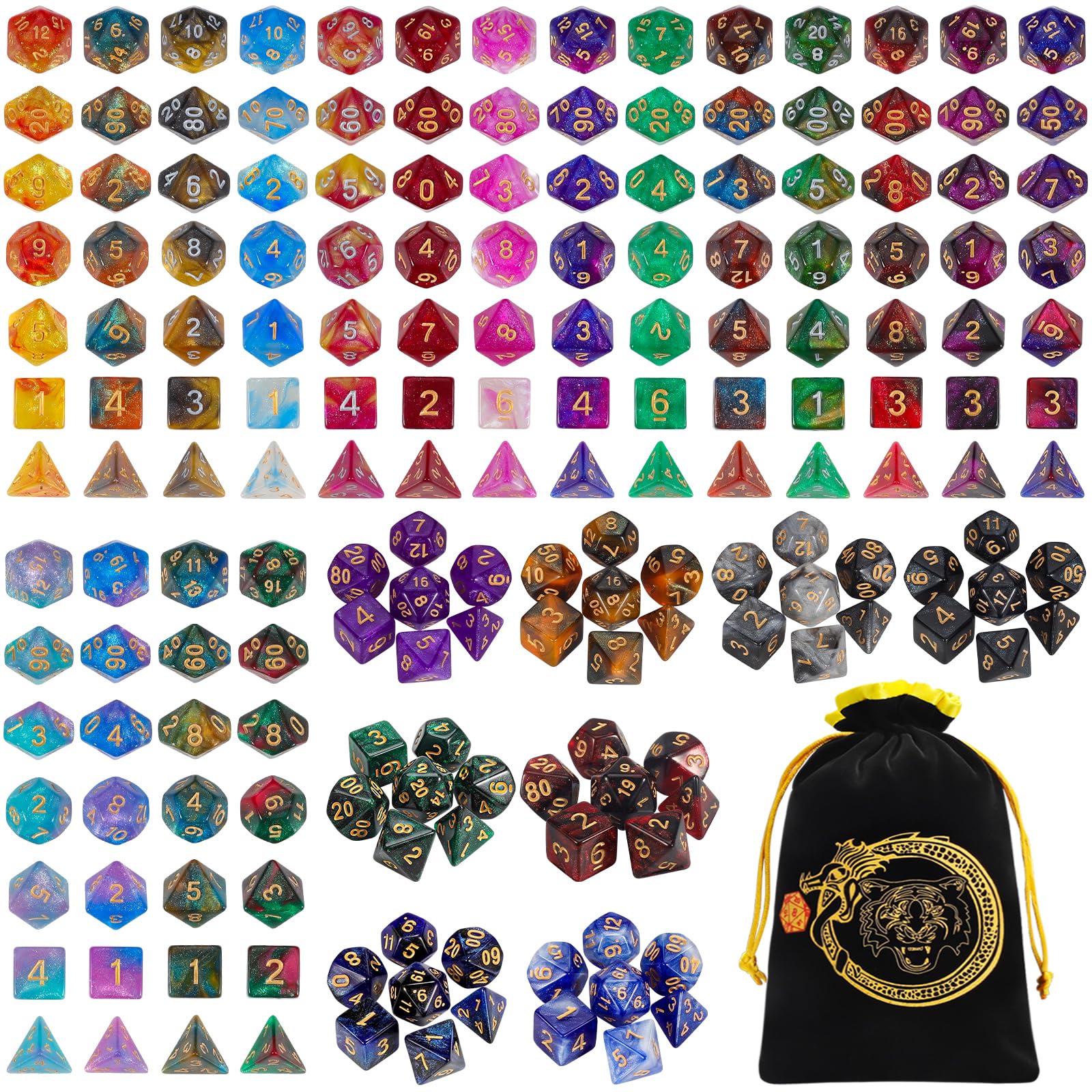 YILAIDA Polyedrische Würfel, 182 PCS - 26 Farben Rollenspiele Glitzer Würfel für DND RPG MTG Tischspiele Dice D4 D6 D8 D10(00-90 und 0-9) D12 D20