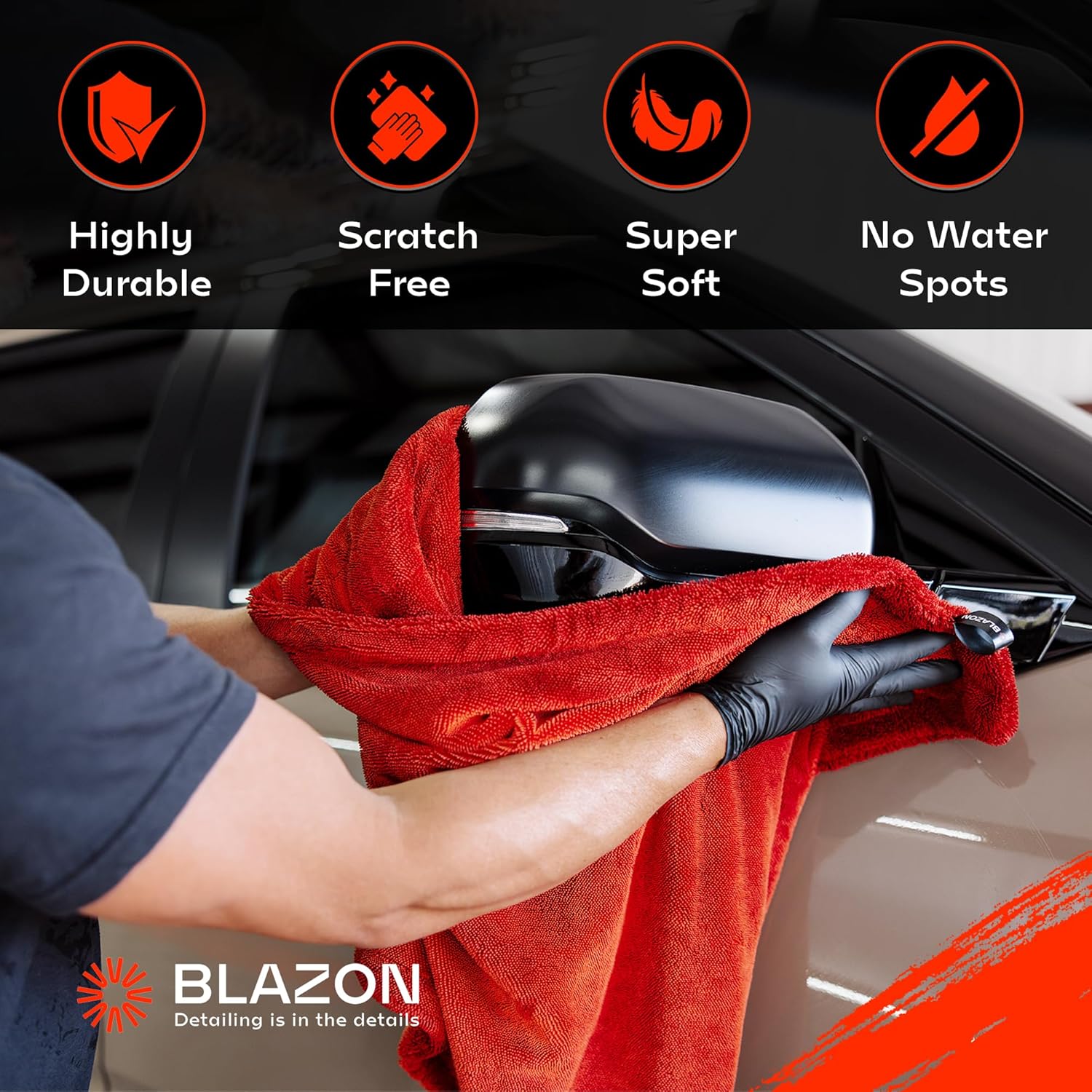 BLAZON Redline XL Car Drying Towel - Ultra Premium 1300 GSM Microfiber Drying Towel - Max Absorption, Streak-Free Finish, Super Soft Twisted Loop Design - Dries Full Vehicle - Extra Large 2 x 3 ft