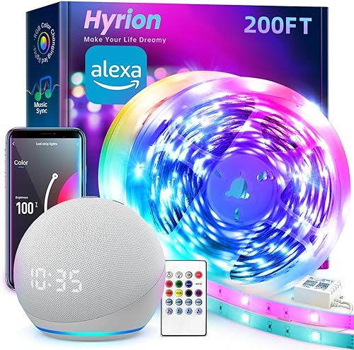 hyrion Tiras de luz LED inteligentes, luz LED WiFi de 200 pies, cambio de color activado por sonido con Alexa y Google, sincronización de música con