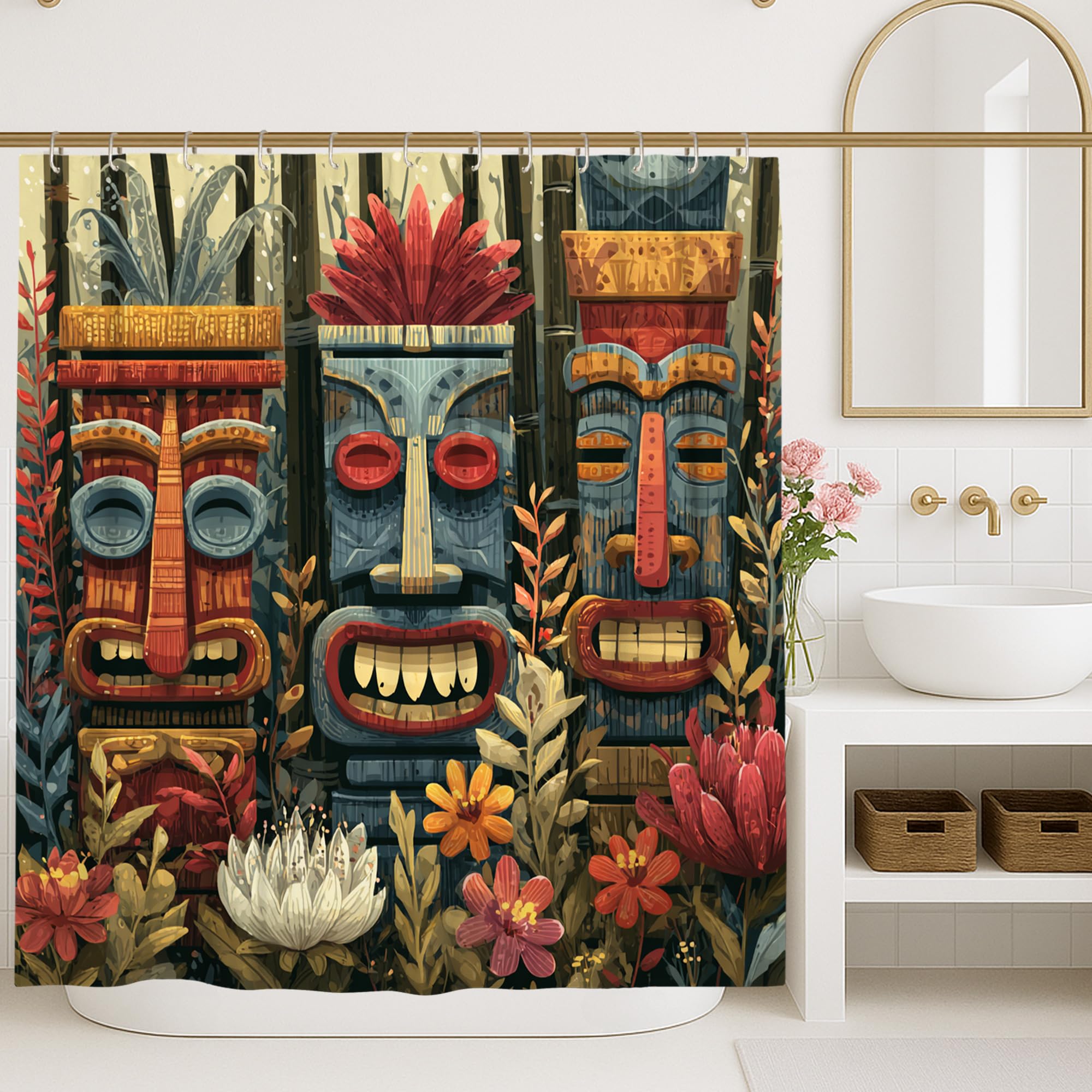 Tiki Mask Shower Curtain, Red Hawaiian Tropical Floral Bathroom Decor, Waterproof Fabric Boho Style Curtain for Bathtub, Shower, and Bathroom Window, Indoor Outdoor Home Accessory 72x78 Inch