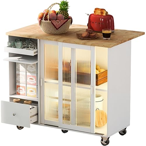 LUMISOL Rolling Kitchen Island Cart with Folding Drop Leaf and LED Light, Kitchen Cart with 2 Fluted Glass Doors and 1 Flip Cabinet Door, Mobile Kitchen Island with Shelf and 2 Drawers, White