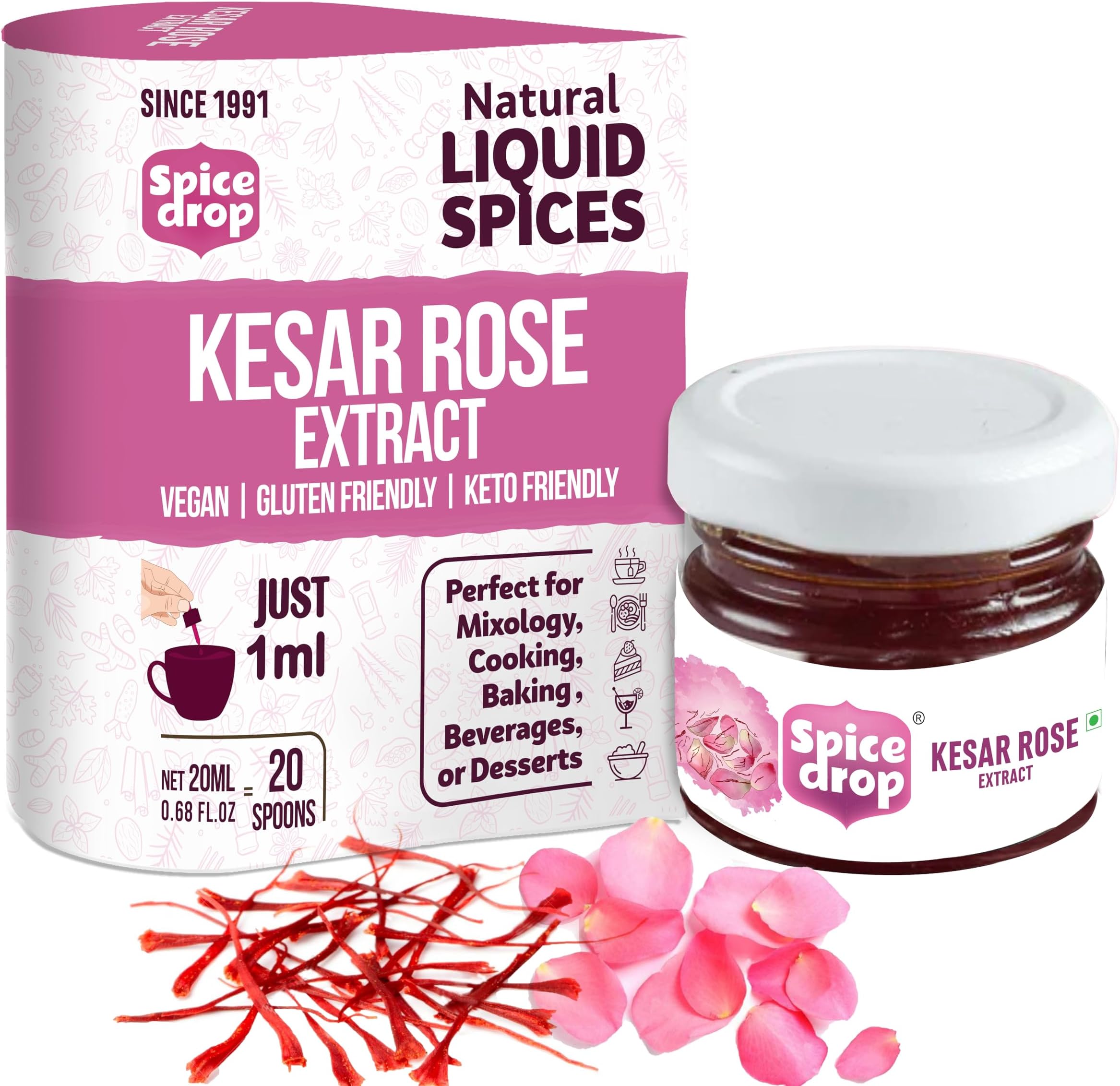 Spice Drop Saffron Rose Extract โ Kashmiri Saffron & Rose Essence for Beverages & Desserts โ Instant Mixing, No Added Sugar or Preservatives โ Gluten-Free & Non-GMO โ 20ml