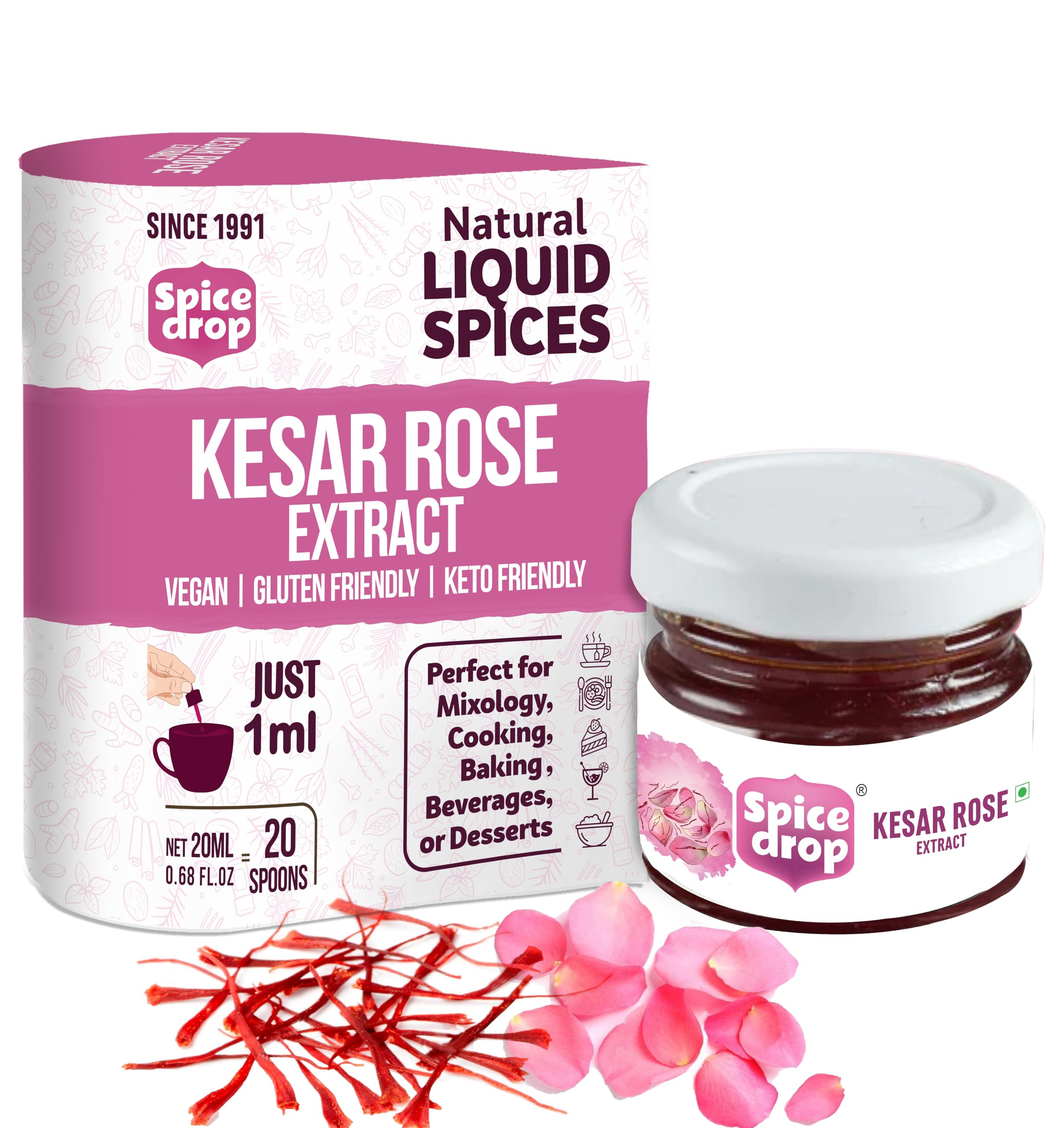 Spice Drop Saffron Rose Extract – Kashmiri Saffron & Rose Essence for Beverages & Desserts – Instant Mixing, No Added Sugar or Preservatives – Gluten-Free & Non-GMO – 20ml