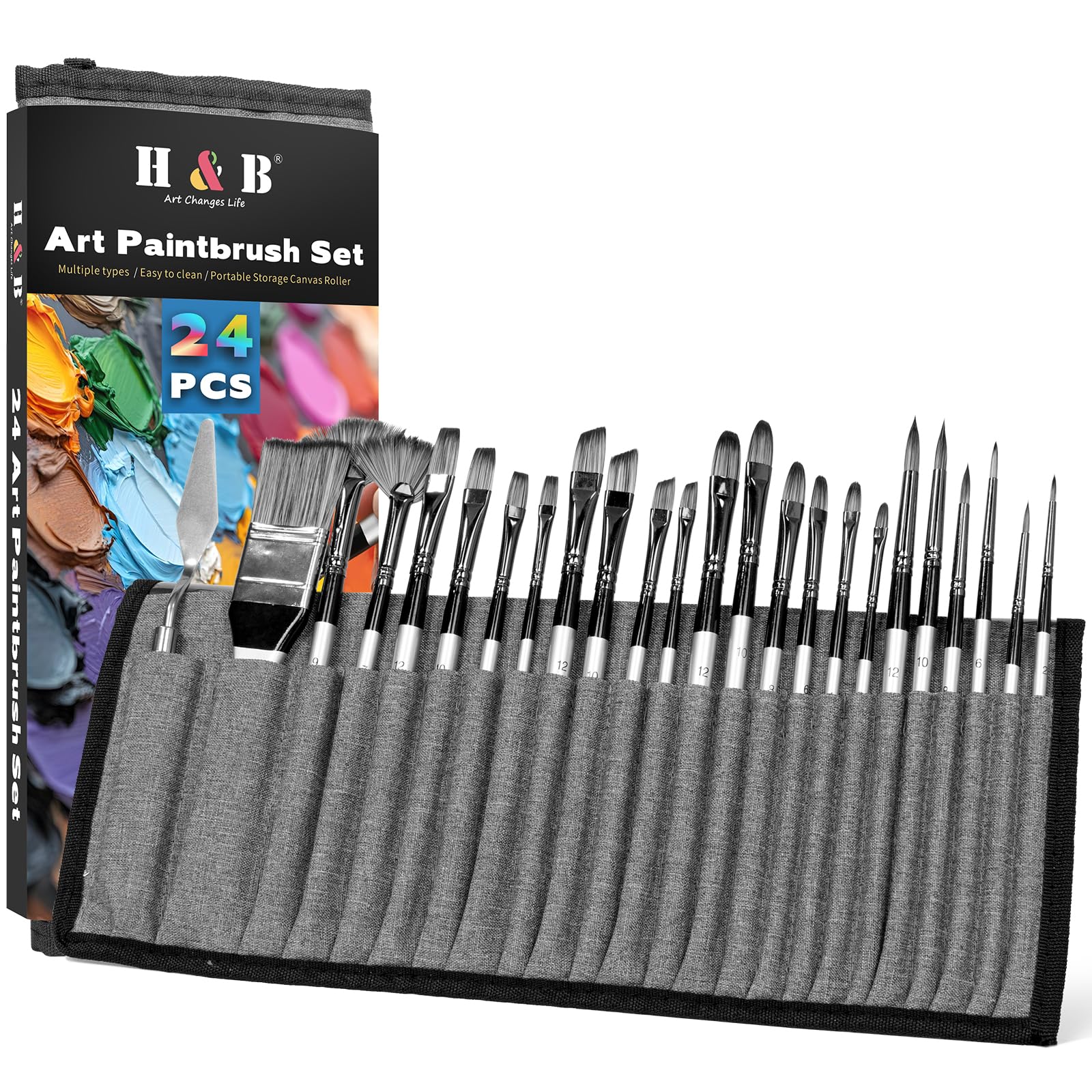 H&B 24pcs Professional Paint Brushes Set for Acrylic,Oil,Watercolor - Synthetic Hair Artist Brushes with Fine Detailing - Canvas,Wood,Ceramics Kit(Silver-gray)
