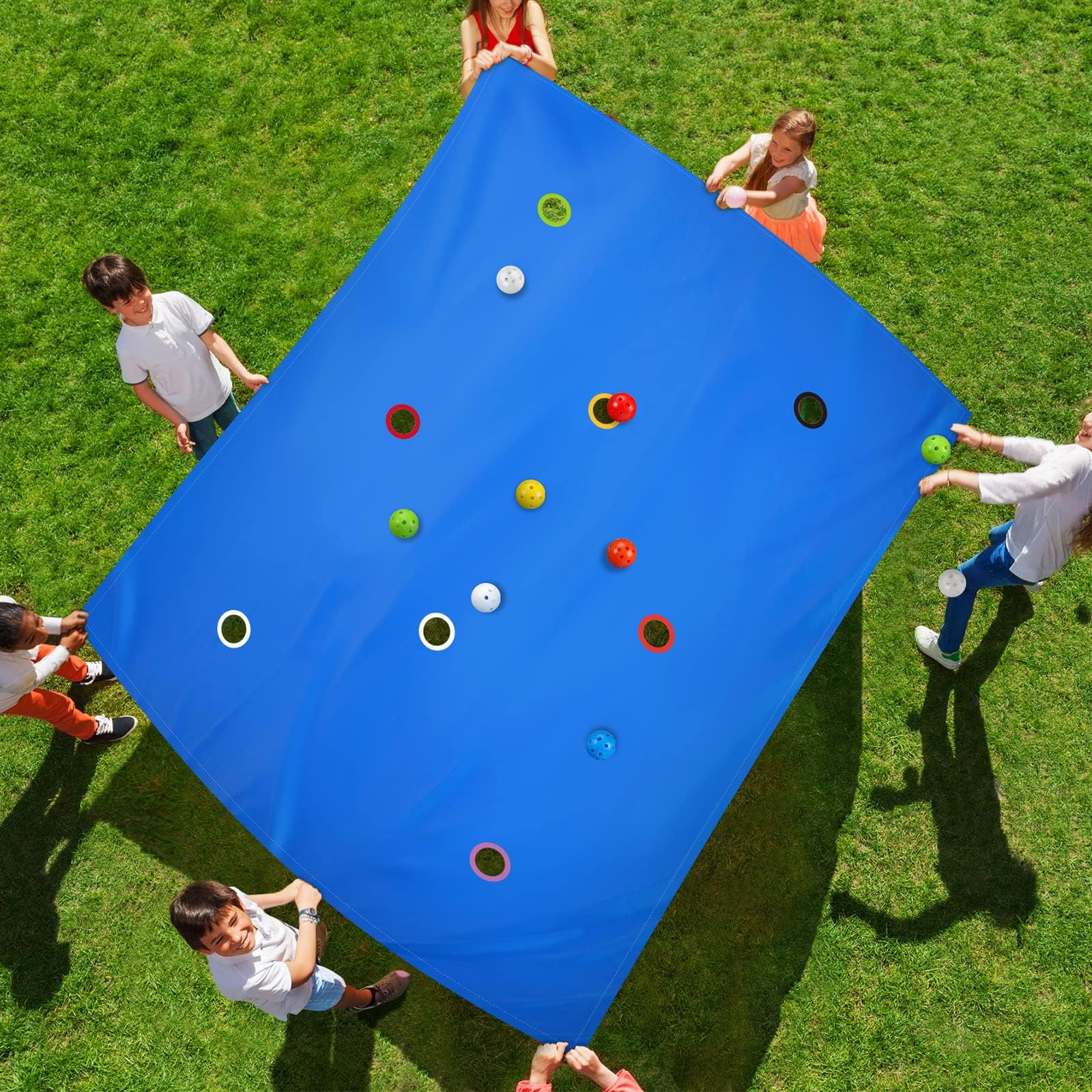 Kathfly Blue Hole Tarp Team Building Game 98 x 70 Inch Learning Fun Team Building Games for Work with 8 Pcs Team Building Ball for Teamwork Group