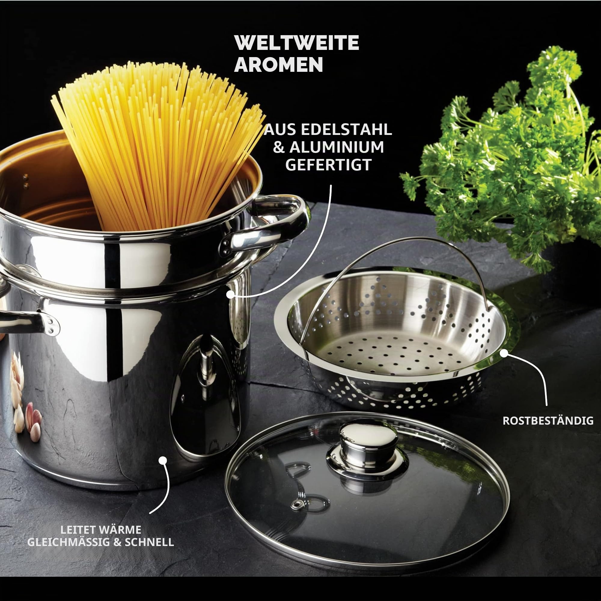 KitchenCraft World of Flavours Pastatopf mit Sieb und Gemüsedampfkorb in Geschenkbox, induktionssicher, Edelstahl, 4 Liter