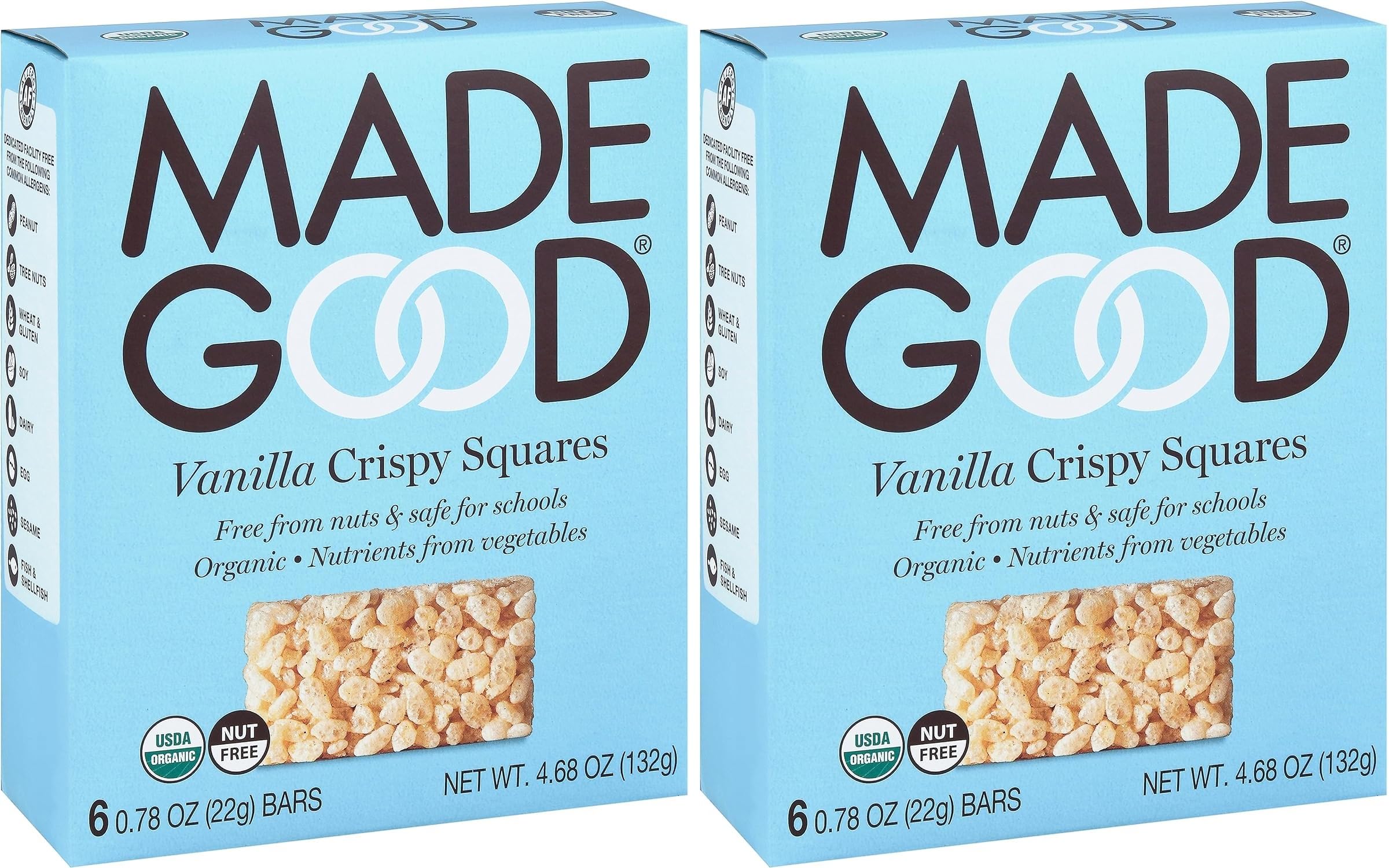 MadeGood Vanilla Crispy Squares, 6 Healthy Snacks, 0.78oz - Pack of 2