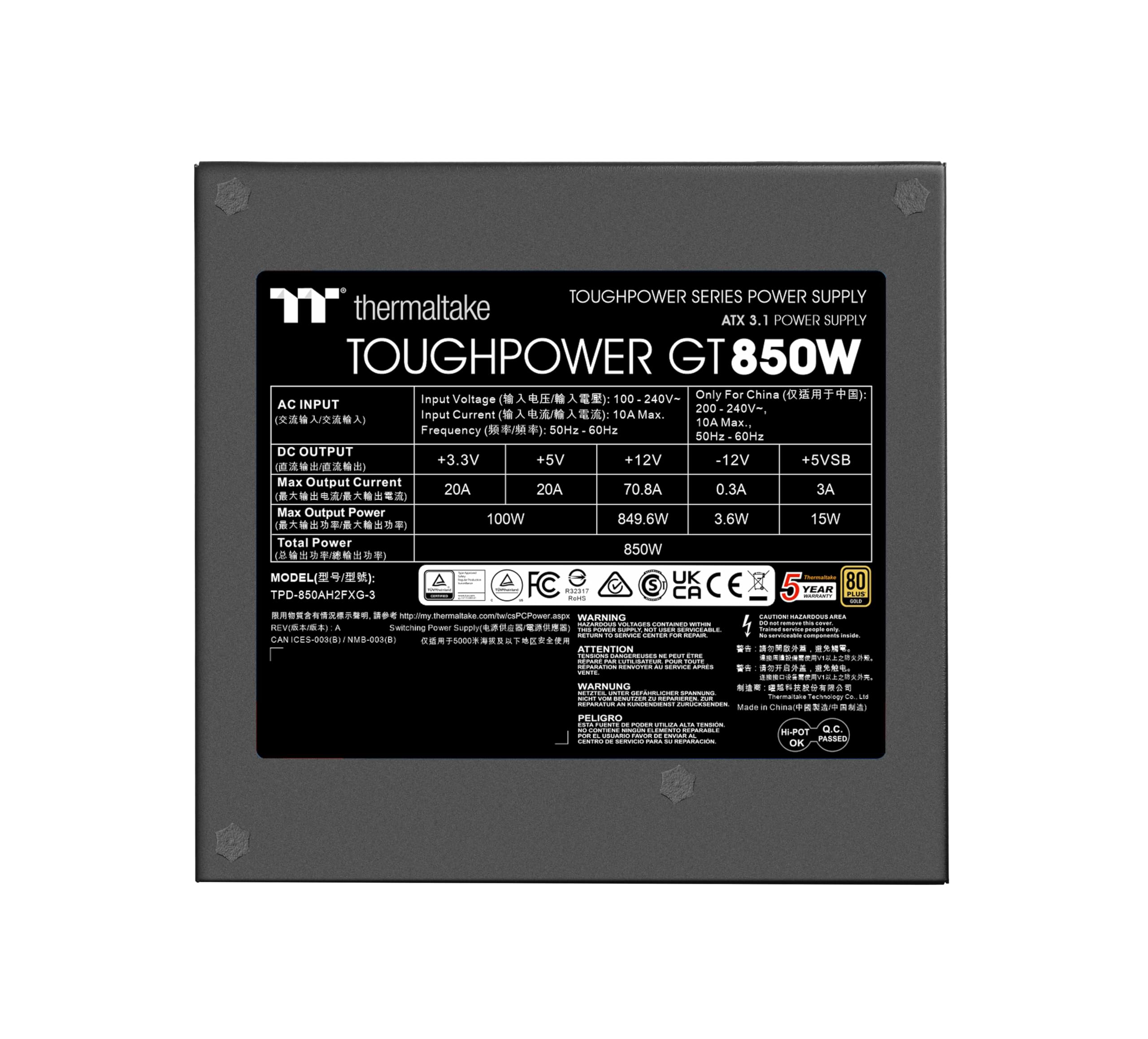 Thermaltake Toughpower GT 850W Netzteil | ATX 3.1 | 80 Plus Gold | vollmodular | PCIe 5.1 12V-2x6 (12+4) | Smart Zero Fan sehr leise | 5 Jahre Garantie | Schwarz