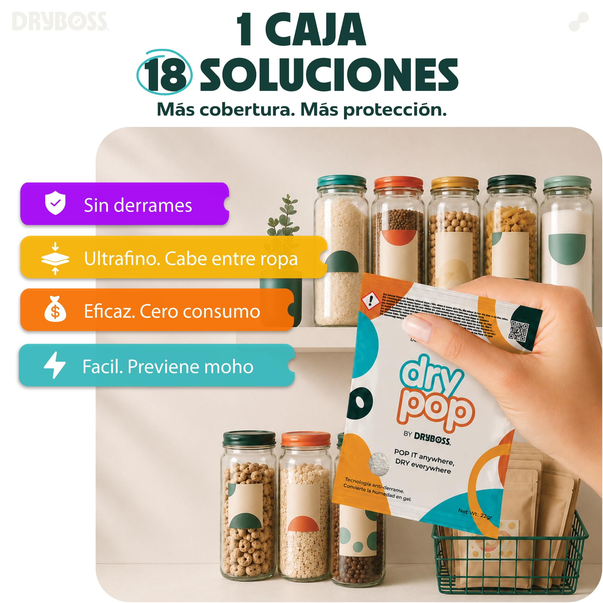 Pack 18 Sachets Antihumedad Cajones – Deshumidificador DRYPOP 20G | Absorbente de Humedad Seguro y Compacto para Cajones, Armarios, Trasteros, Baño, Coche, Cocina y Espacios Pequeños
